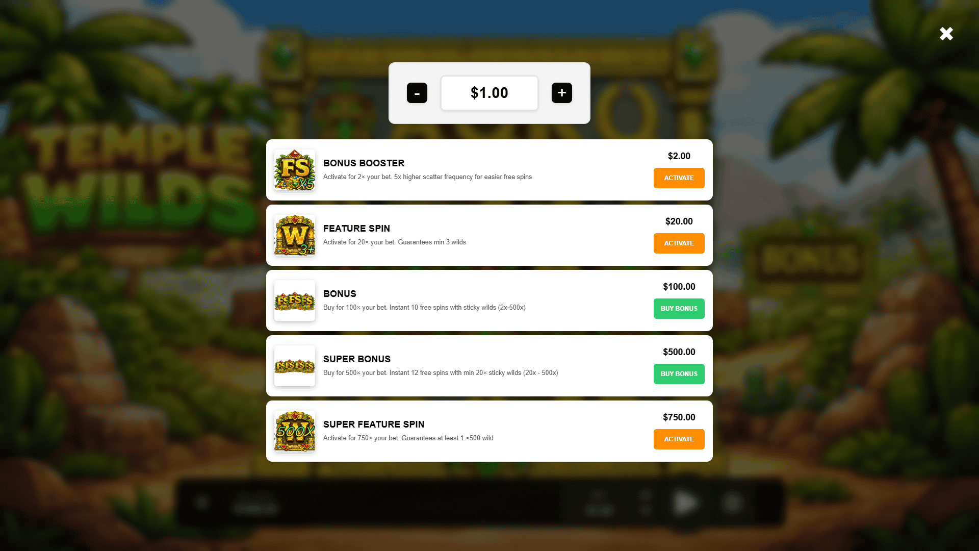 Temple Wilds bonus buy menu