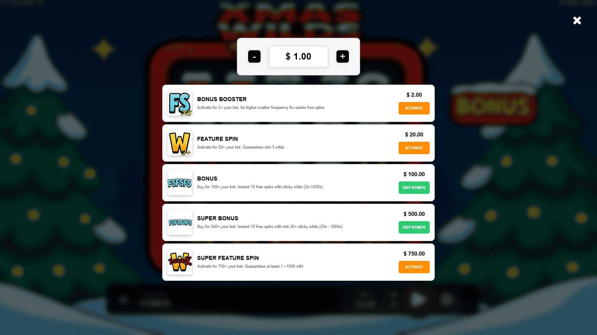 Xmas Wilds 1000 bonus buy menu