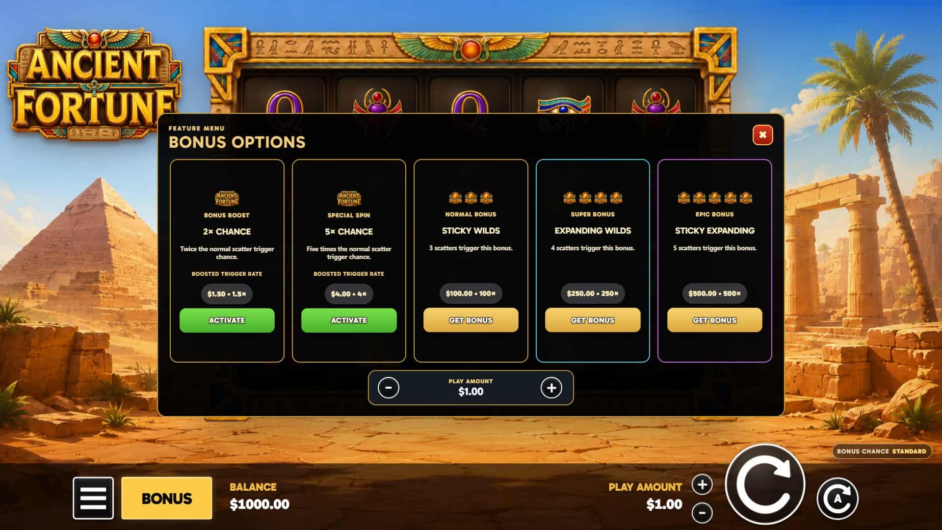 Ancient Fortune bonus buy menu