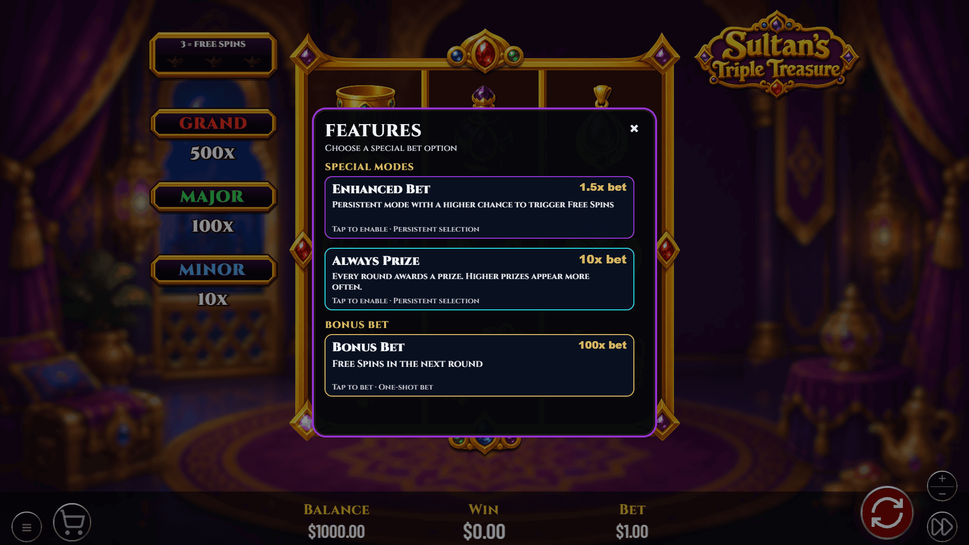 Sutlan's Triple Treasure bonus buy menu