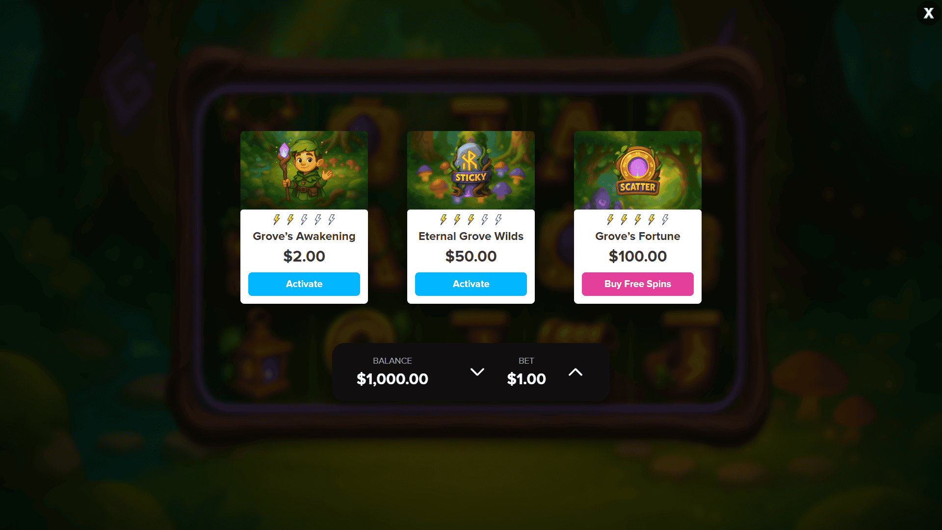 Legends of the Lost Grove bonus buy menu