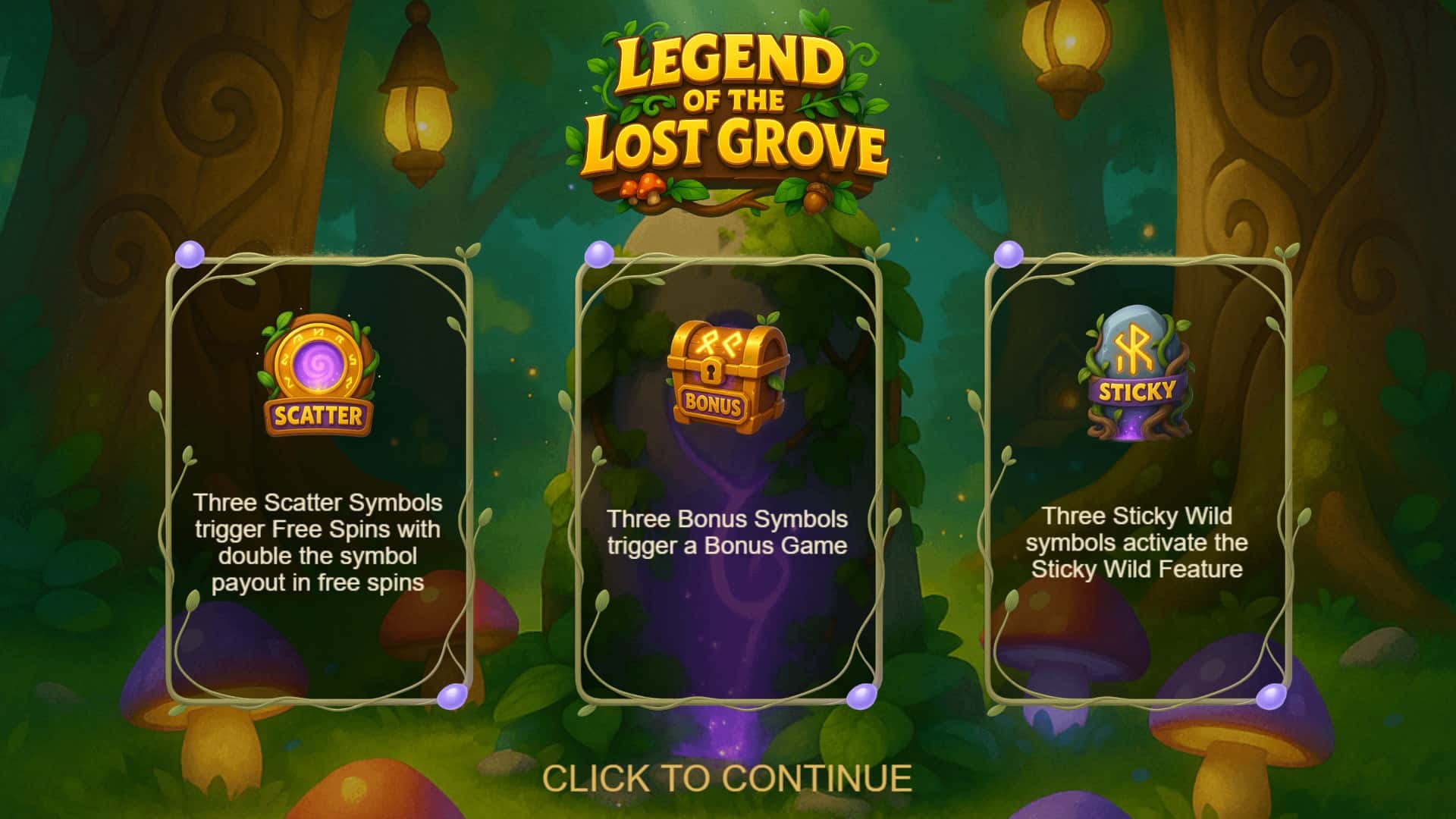 Legends of the Lost Grove slot intro screen