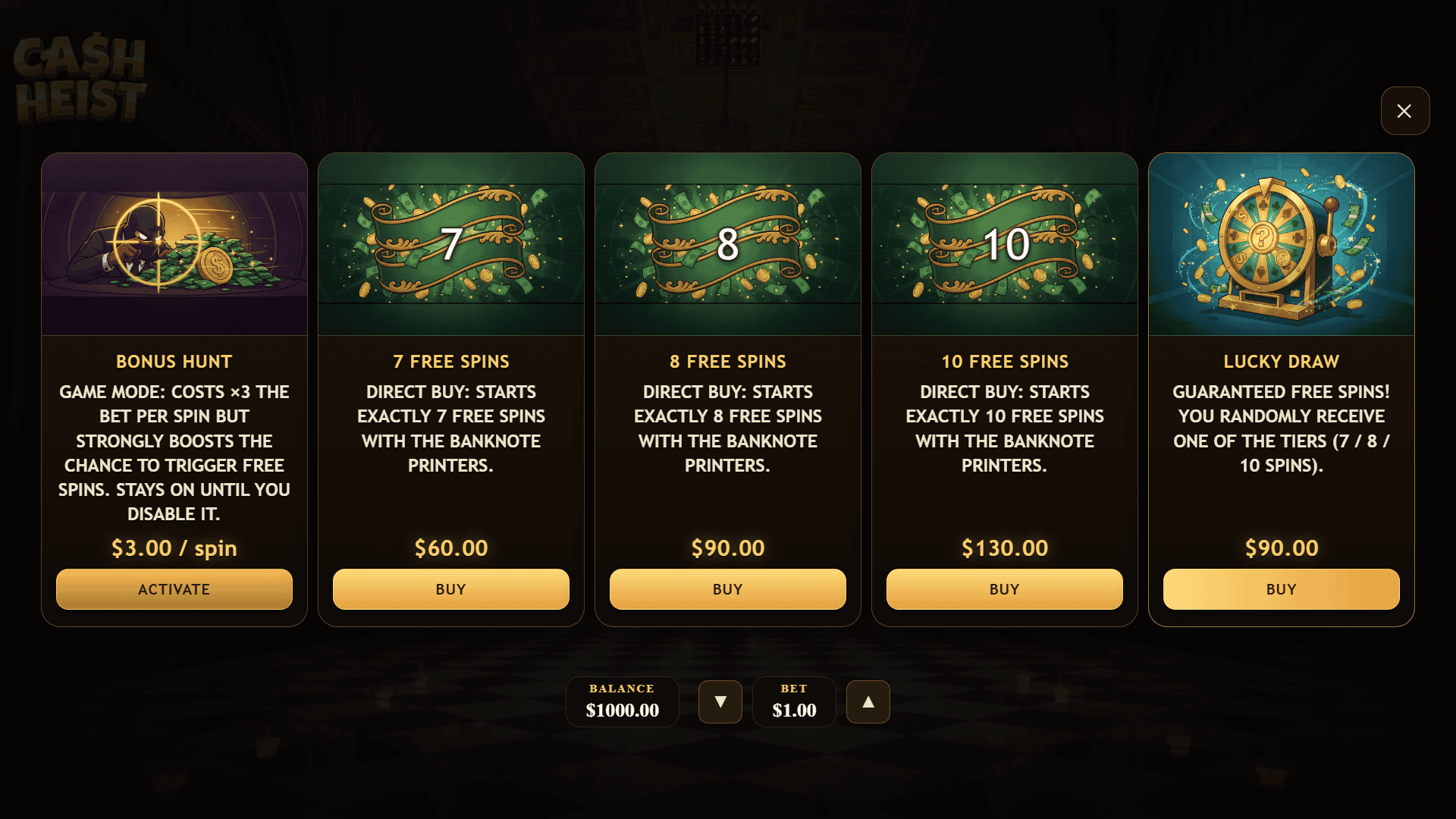 Cash Heist bonus buy menu