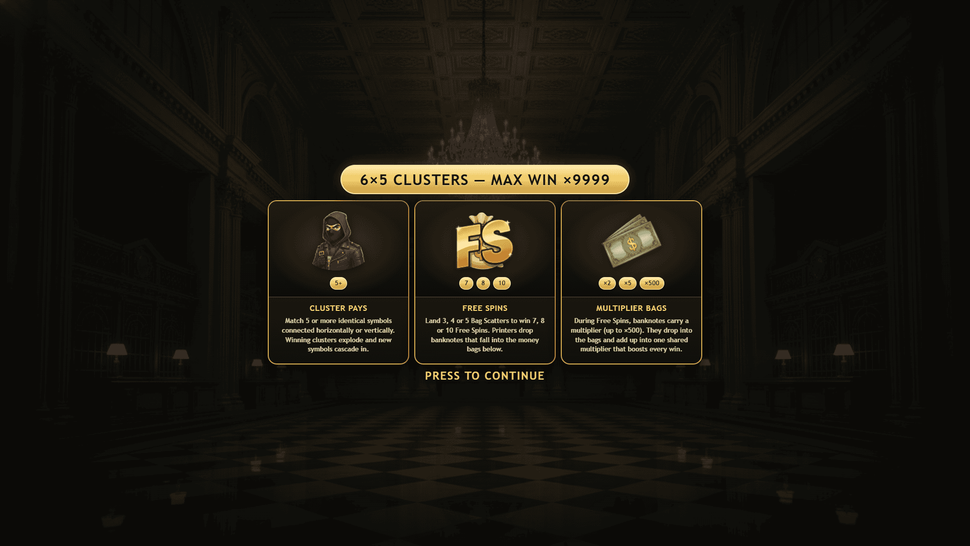Cash Heist slot intro screen