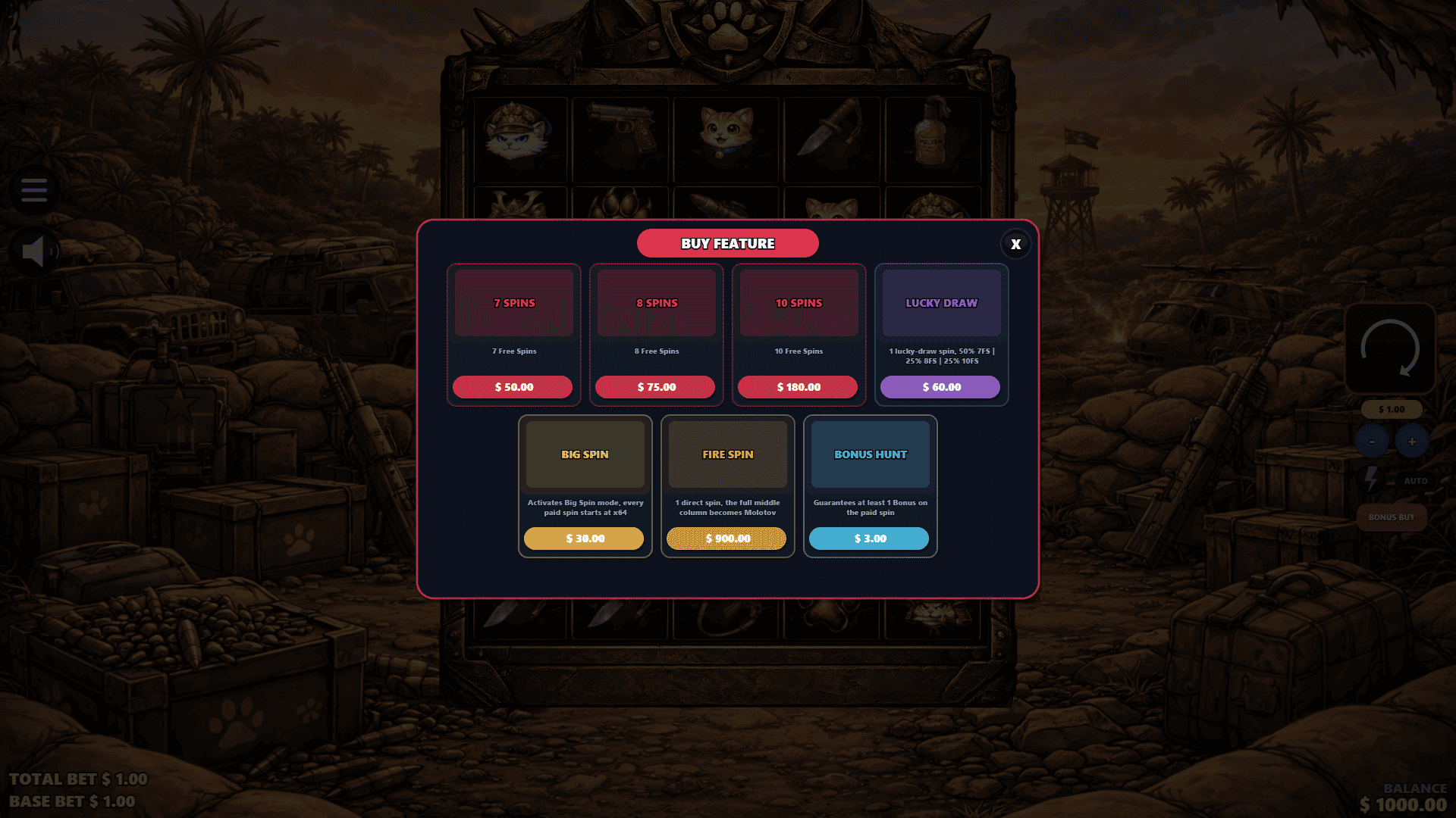 Cat War bonus buy menu