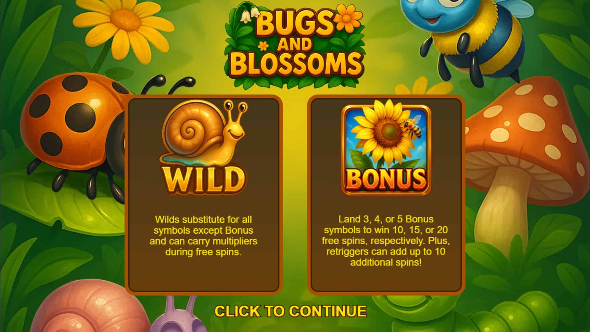 Bugs and Blossoms slot intro screen
