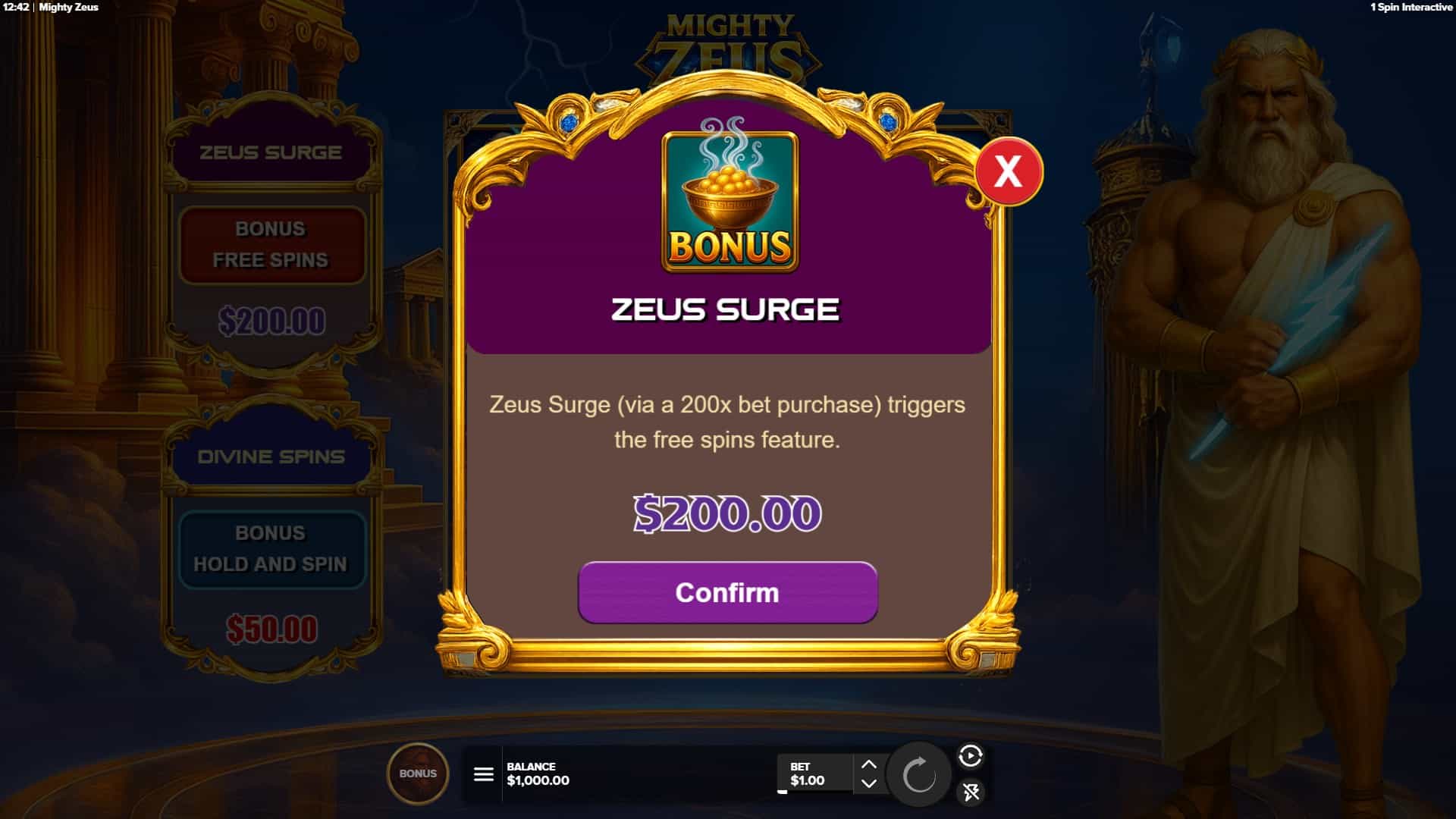 Mighty Zeus bonus buy menu