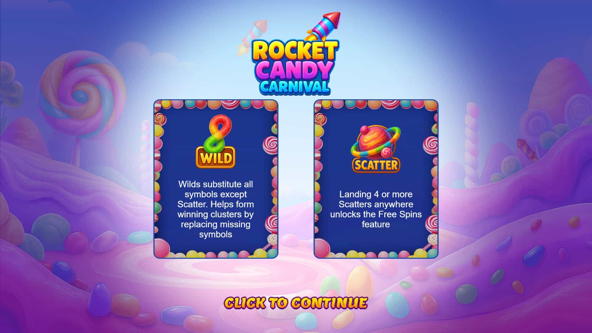 Rocket Candy Carnival slot intro screen