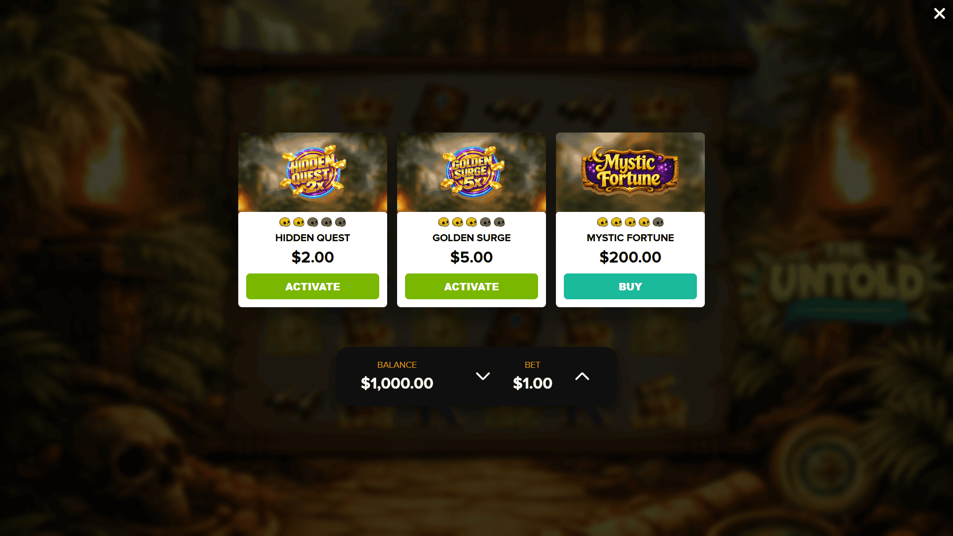 Untold Adventures bonus buy menu