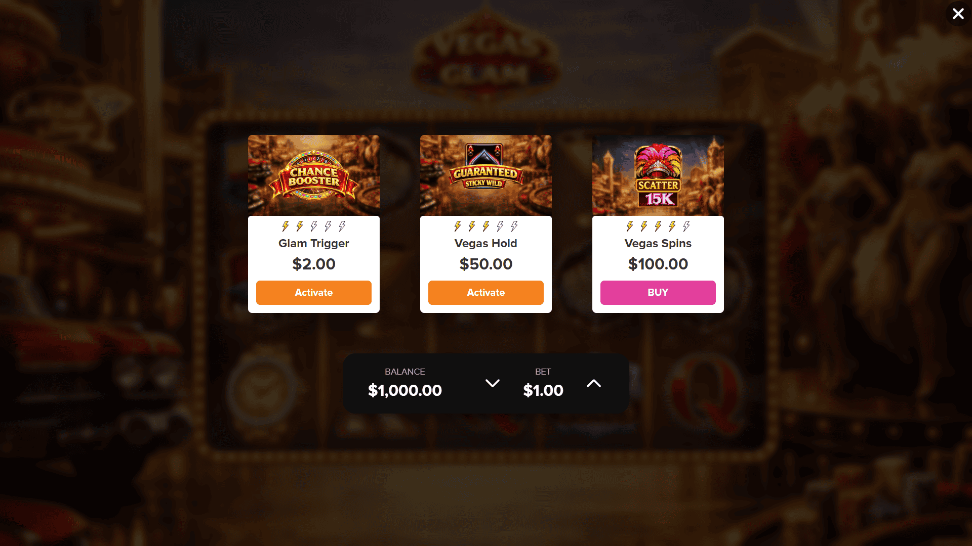 Vegas Glam bonus buy menu