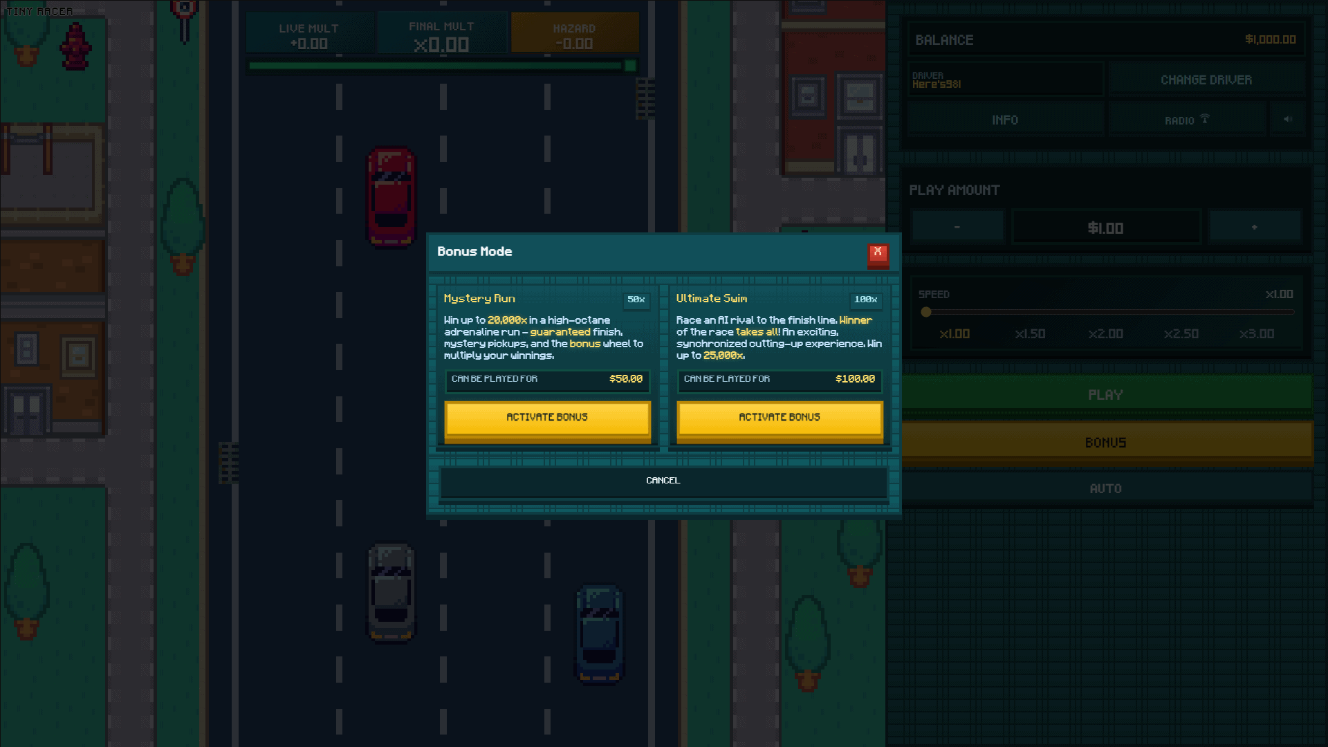Tiny Racer bonus buy menu