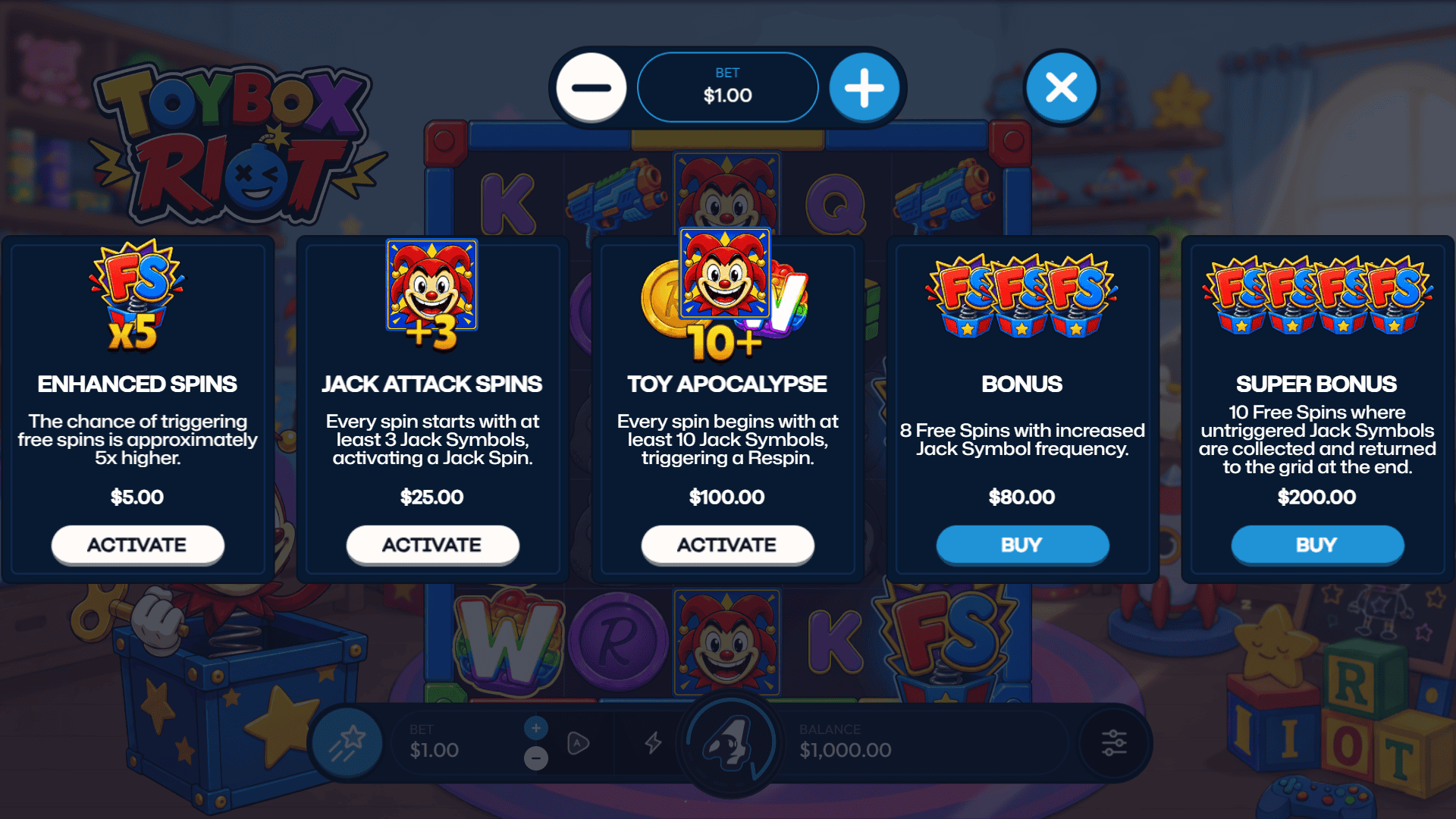 Toybox Riot bonus buy menu