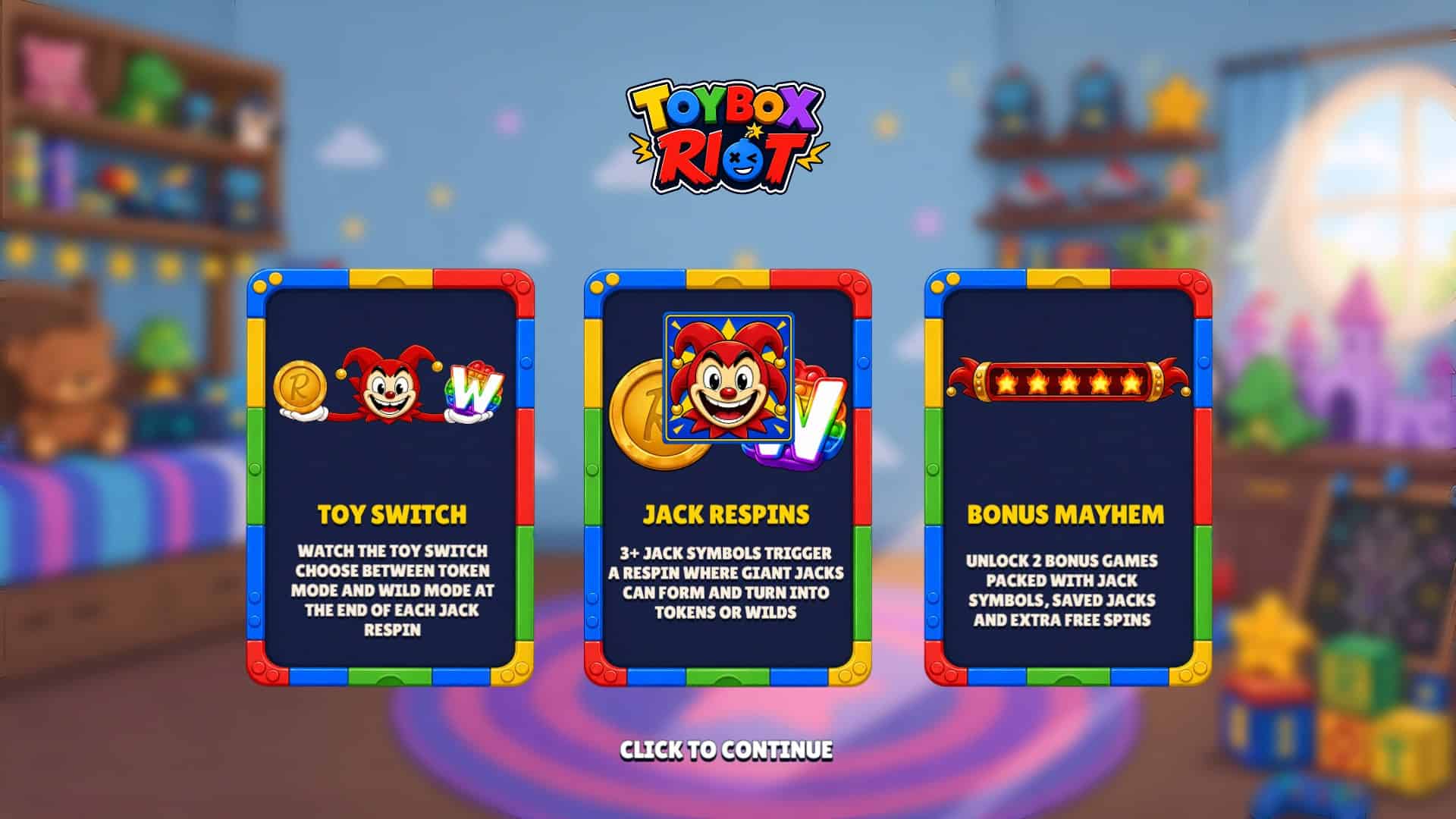 Toybox Riot slot intro screen