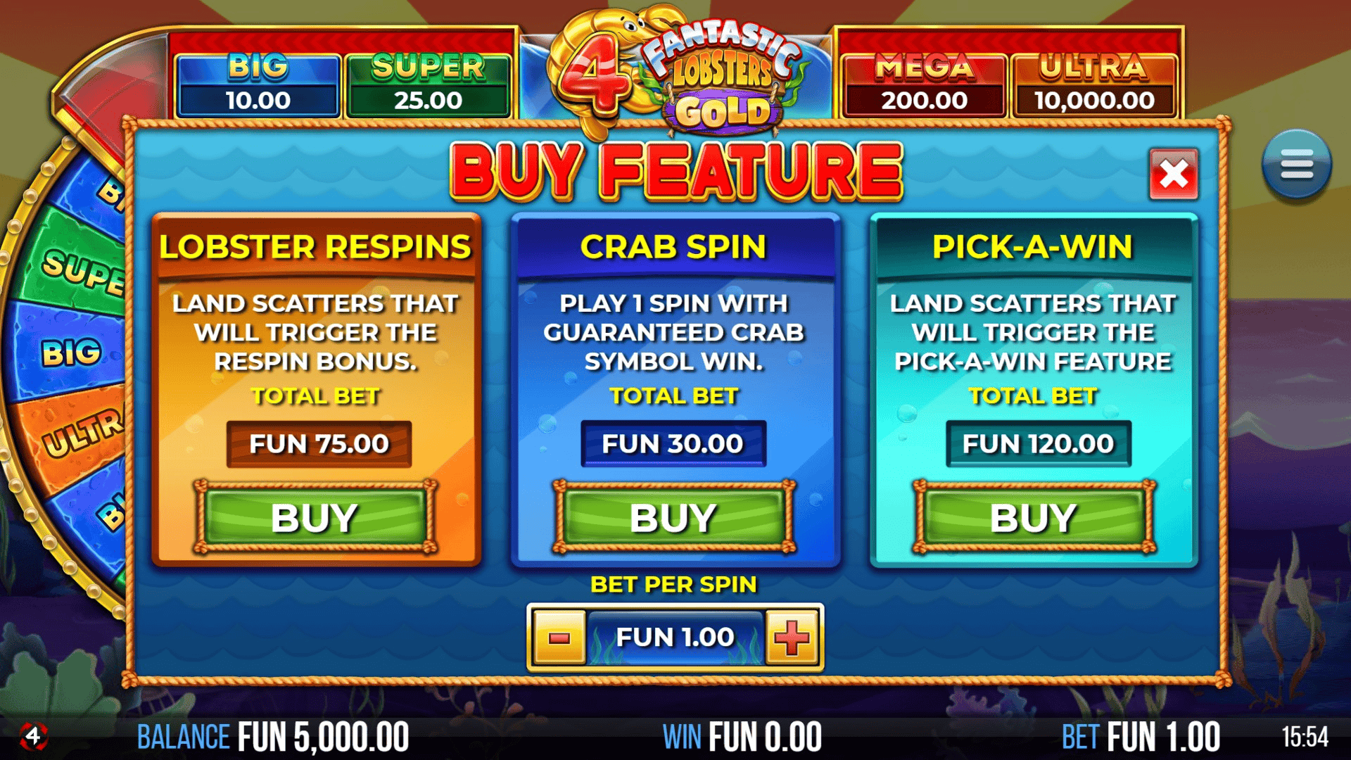 4 Fantastic Lobsters Gold bonus buy menu