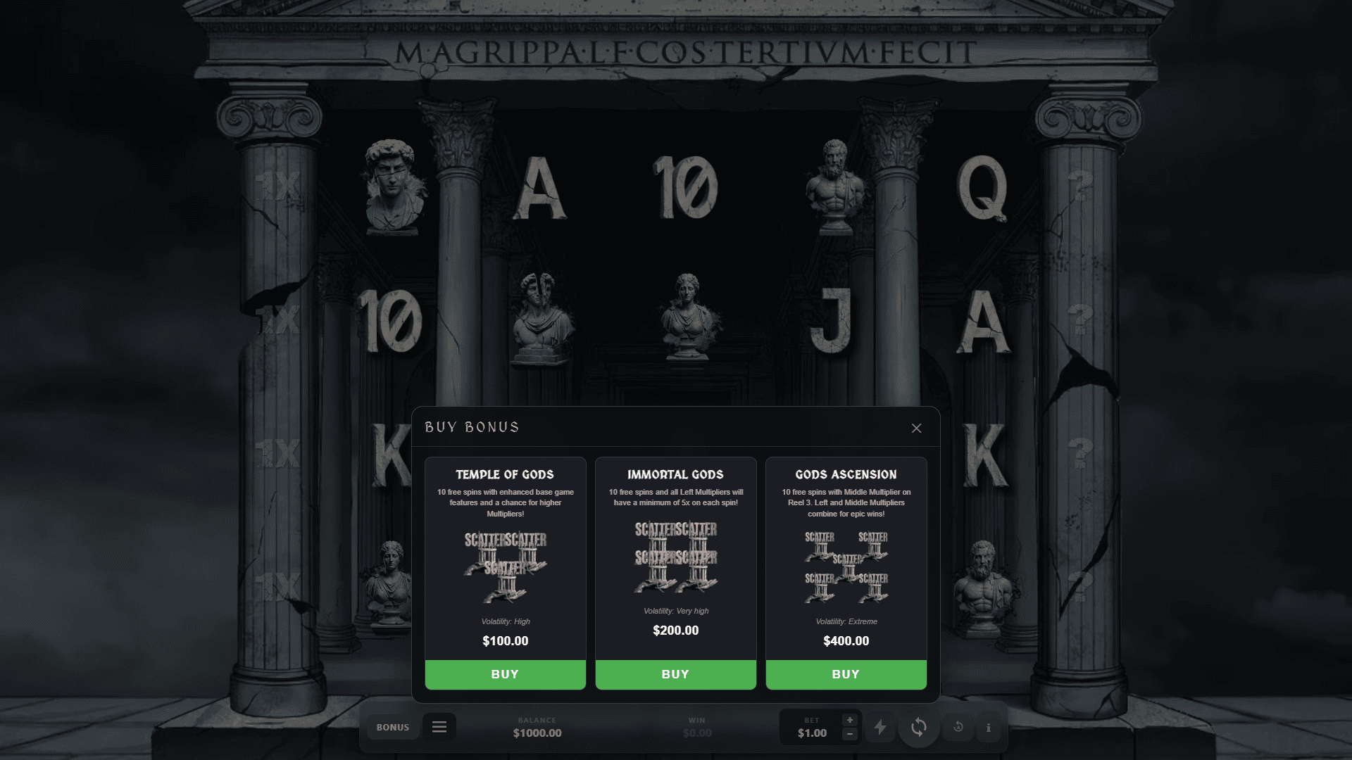 Parthenon bonus buy menu