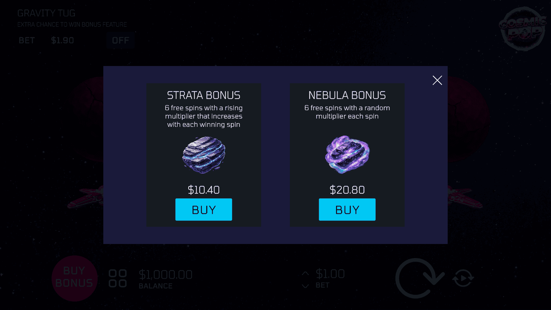 Cosmic Pop bonus buy menu