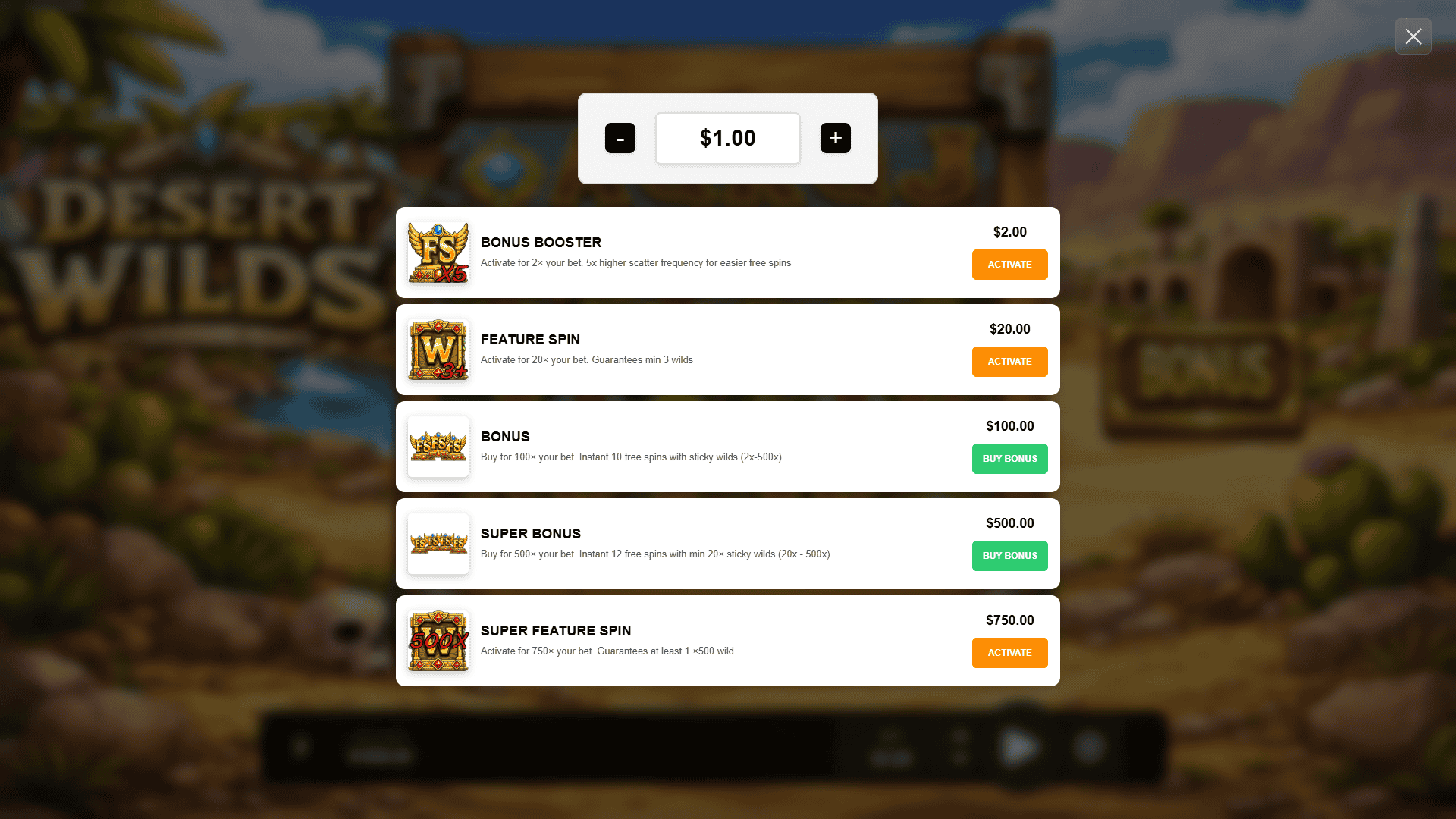 Desert Wilds bonus buy menu