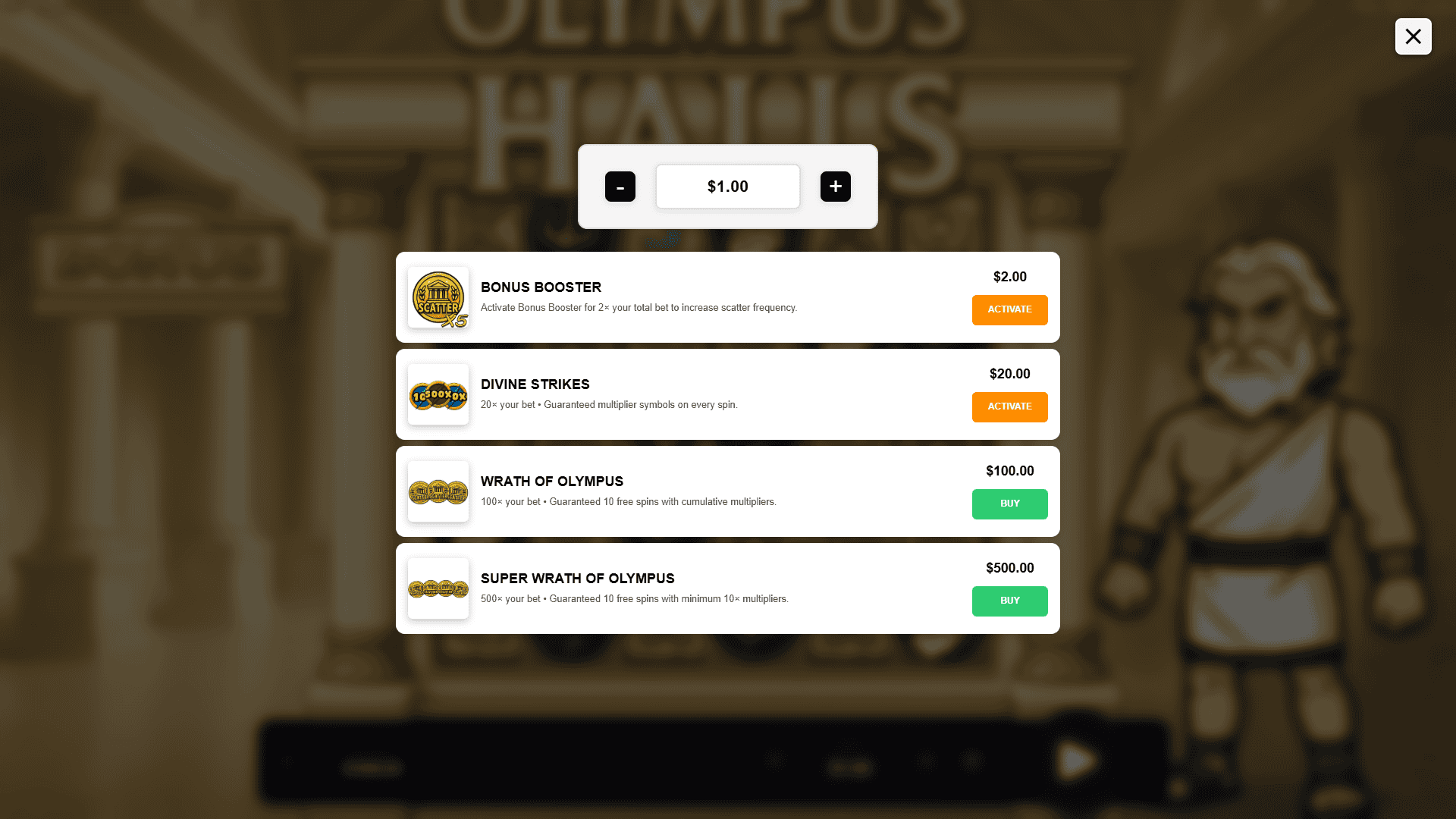 Olympus Halls bonus buy menu