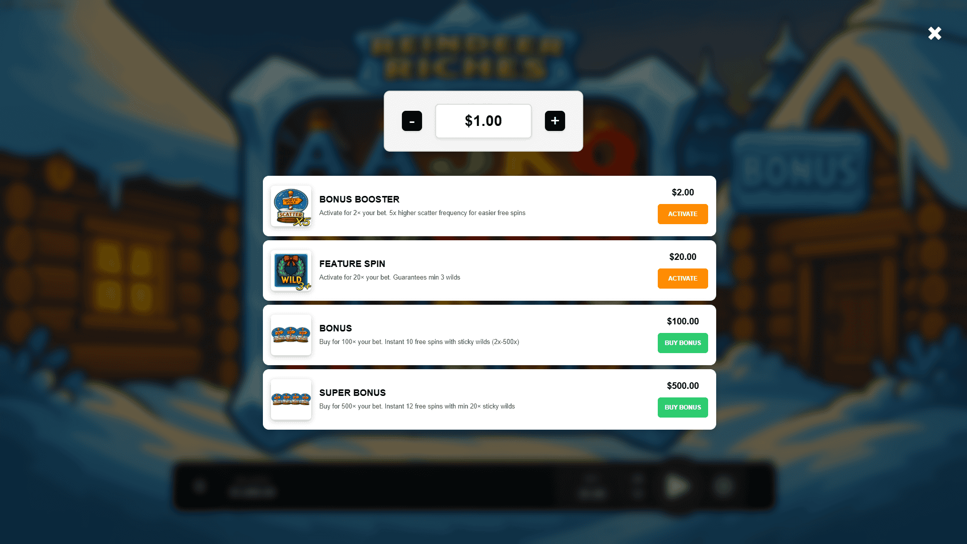 Reindeer Riches bonus buy menu