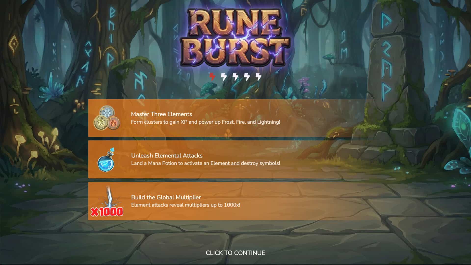 Rune Burst slot intro screen
