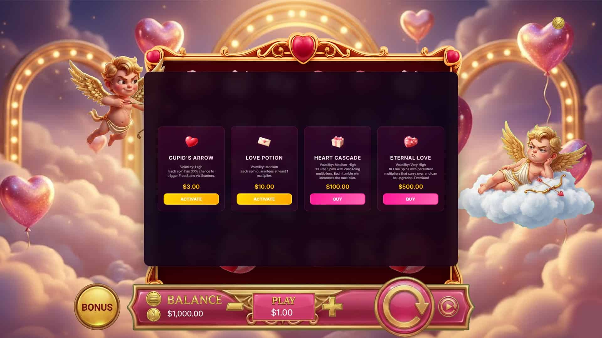 Cupid's Love bonus buy menu