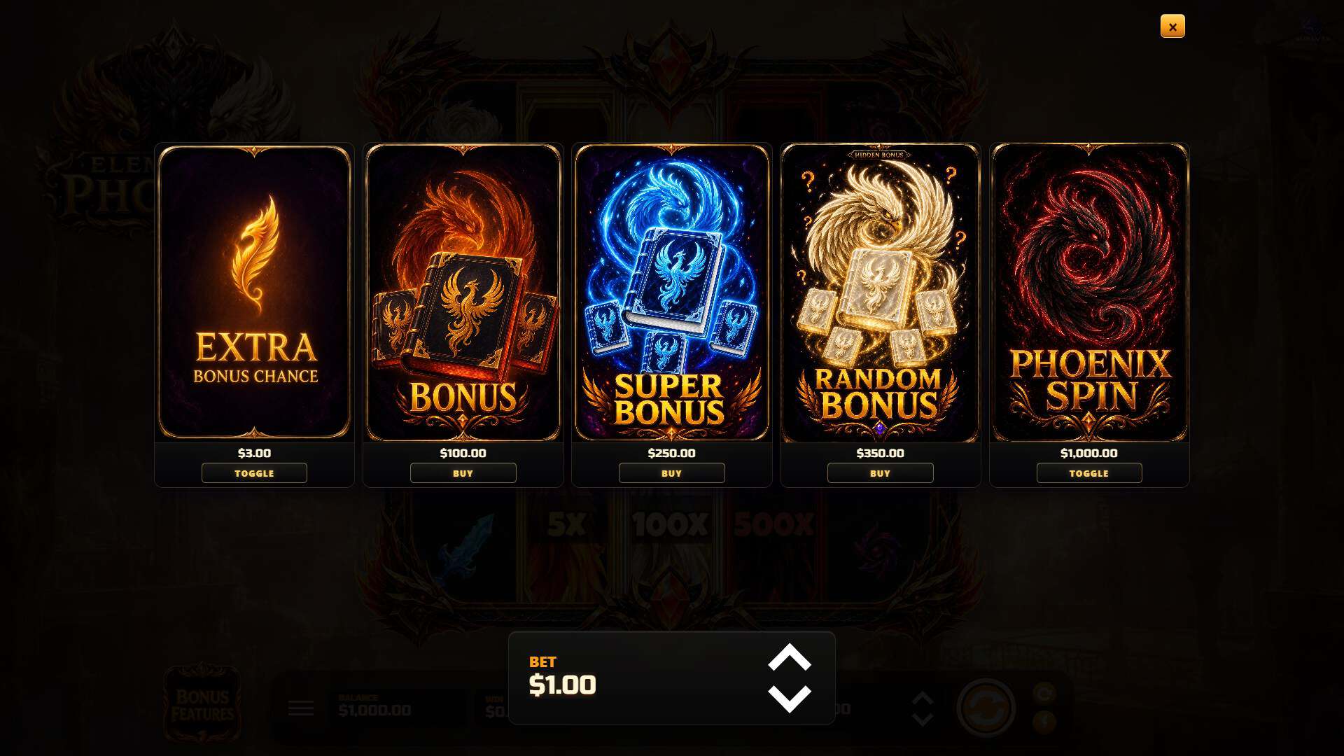 Elemental Phoenix bonus buy menu