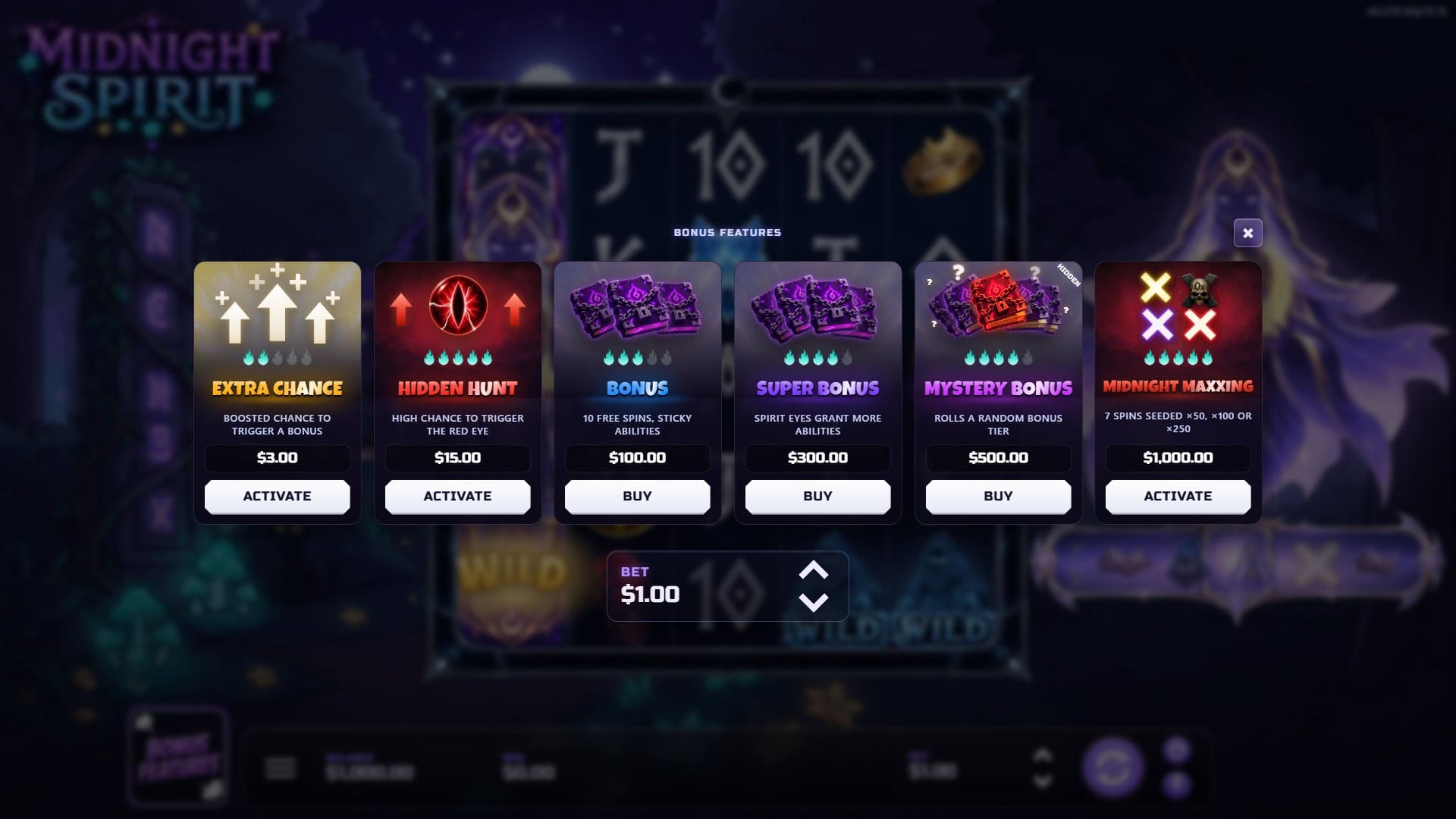 Midnight Spirit bonus buy menu