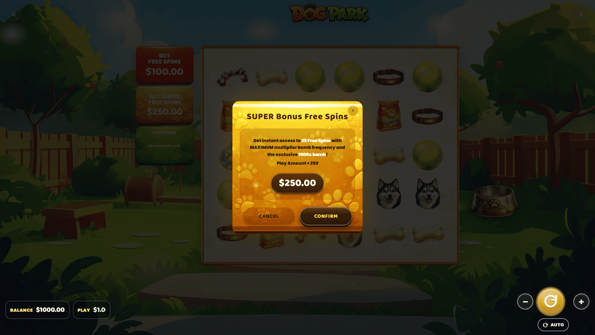 Dog Park bonus buy menu
