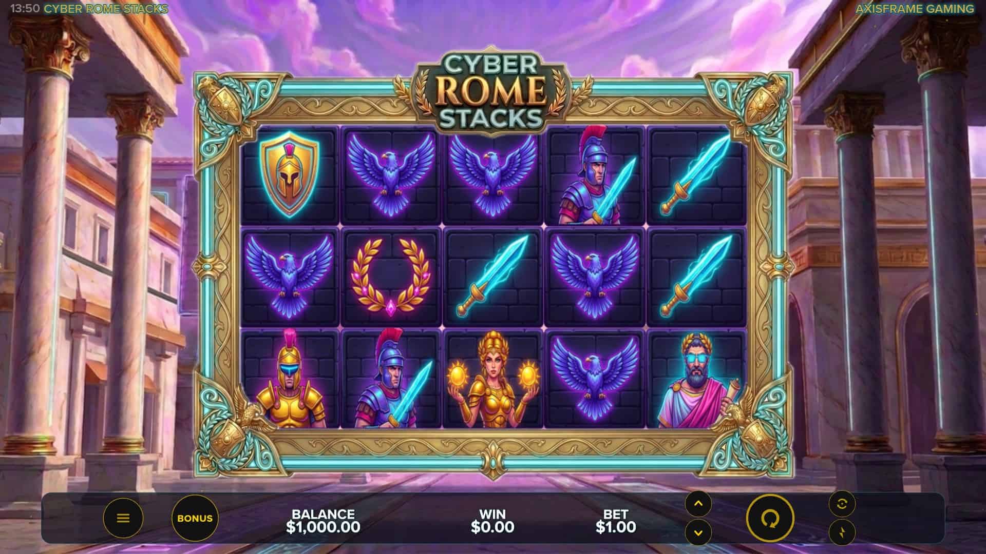 Cyber Rome Stacks slot gameplay reels