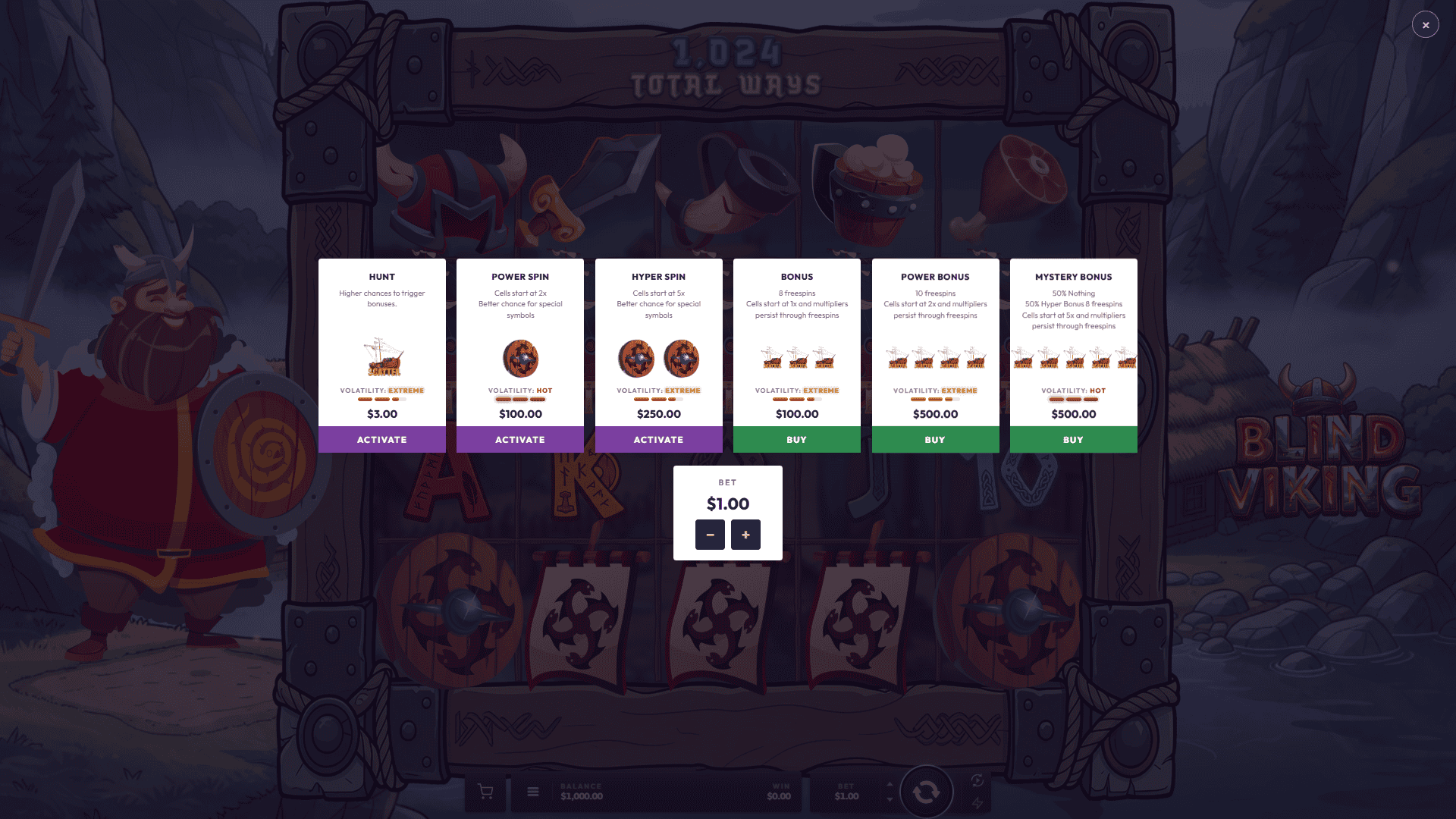 Blind Viking bonus buy menu