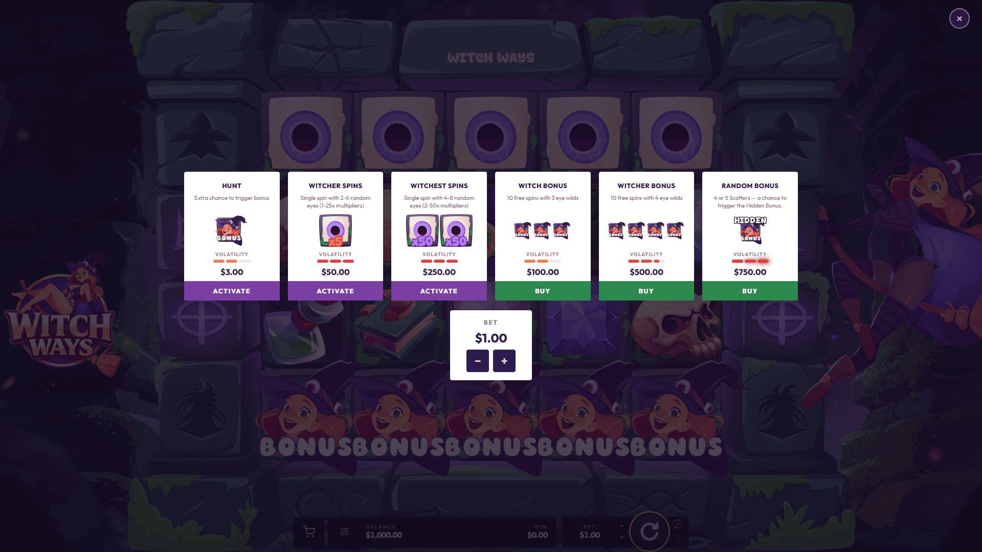 Witch Ways bonus buy menu