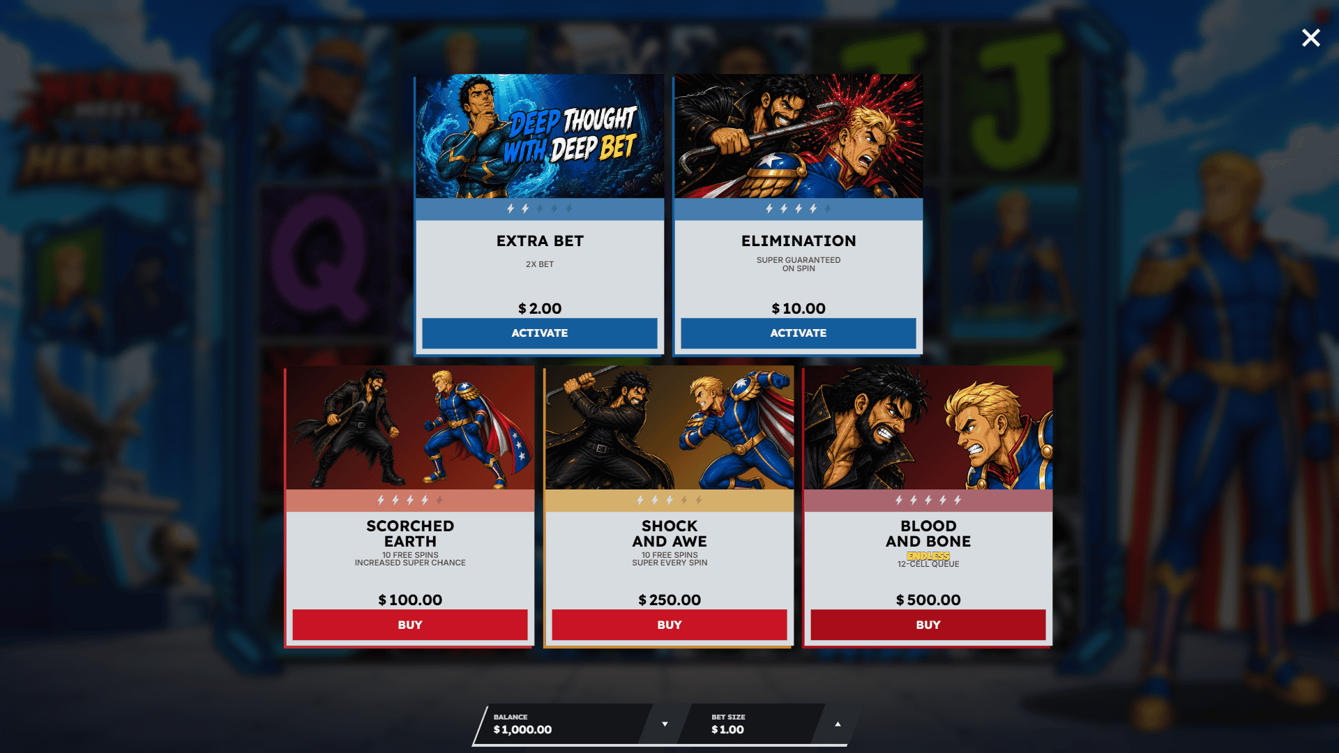 Never meet your heroes bonus buy menu