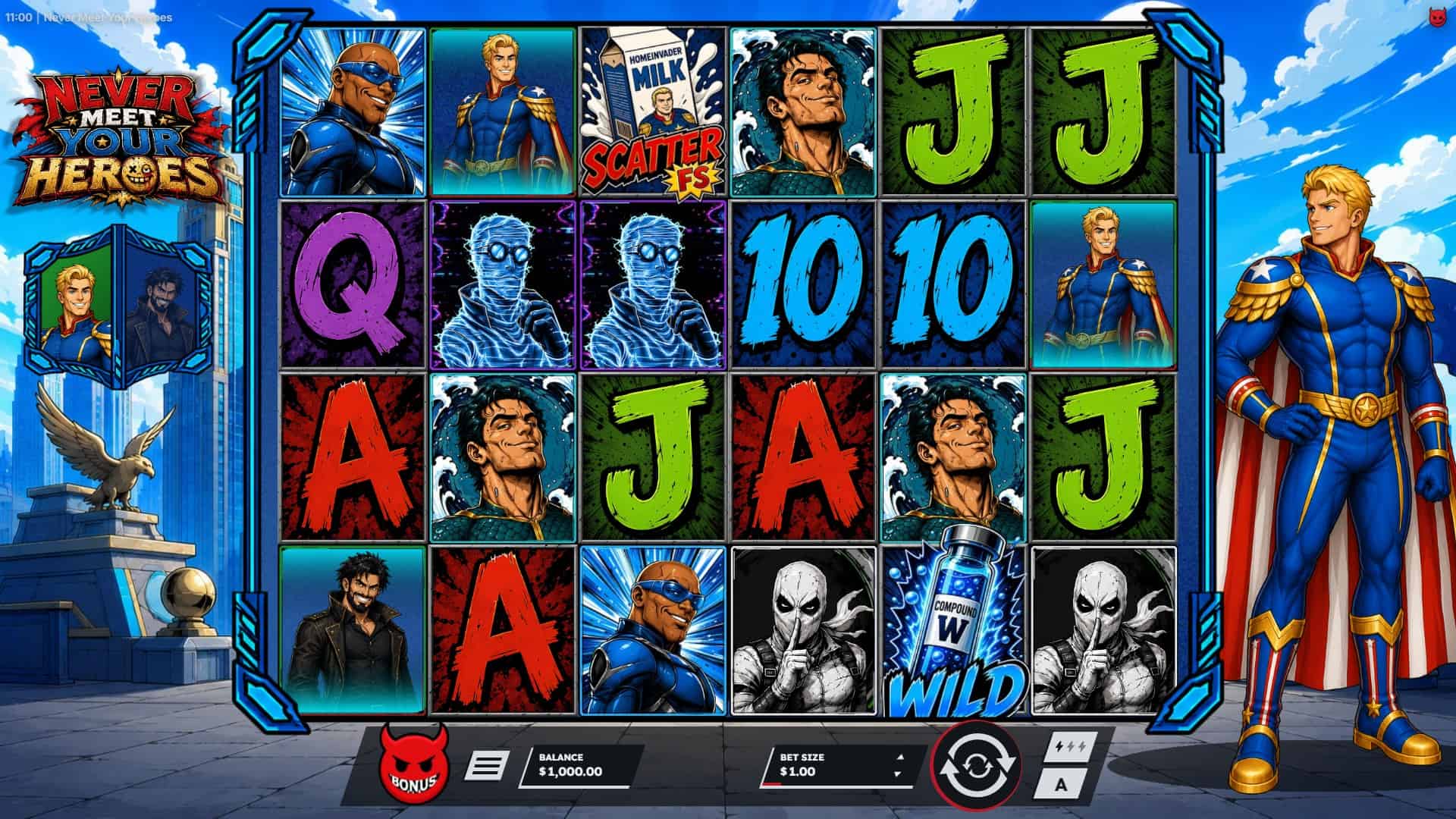 Never meet your heroes slot gameplay reels