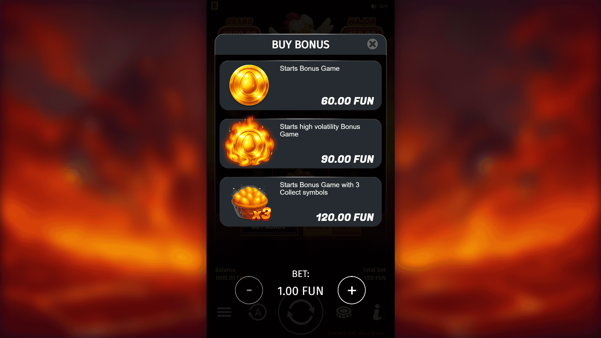 Chicken Fire bonus buy menu