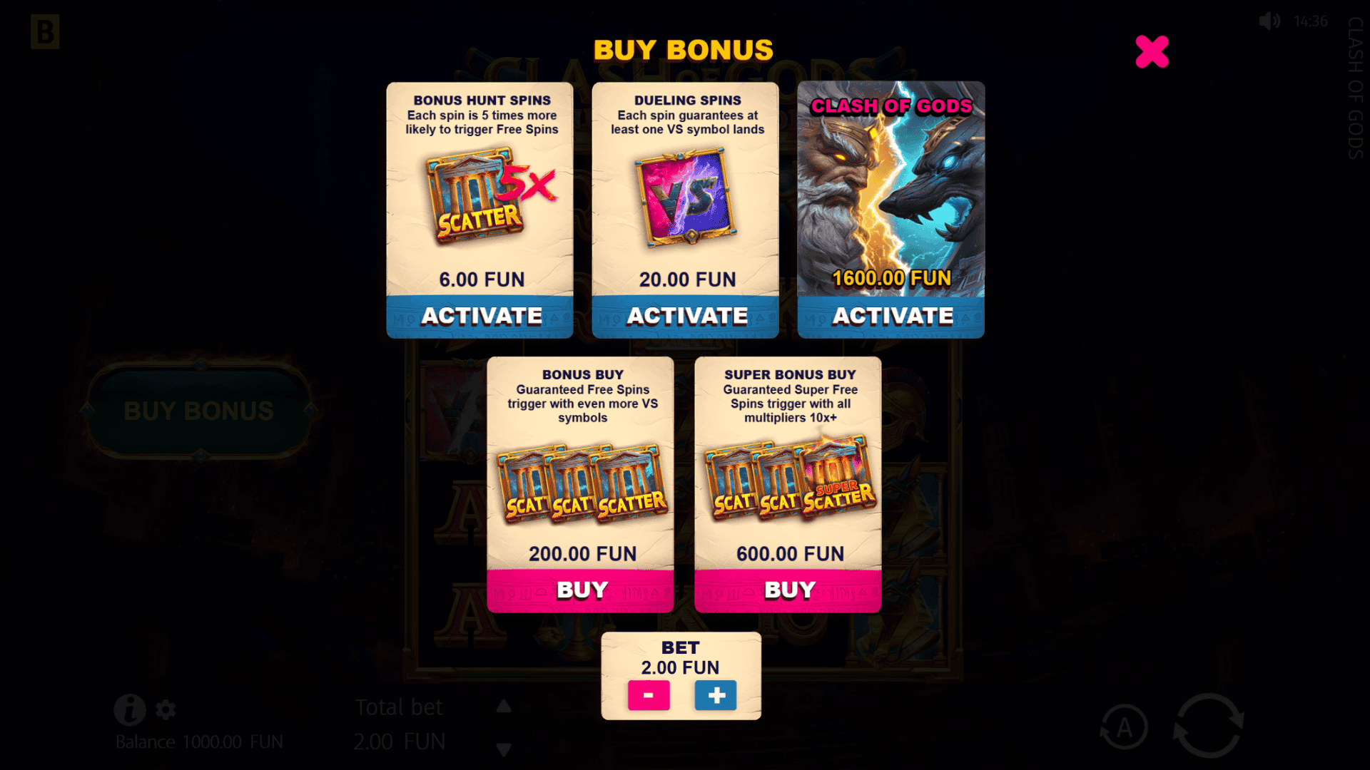 Clash of Gods: Anubis vs Hades bonus buy menu