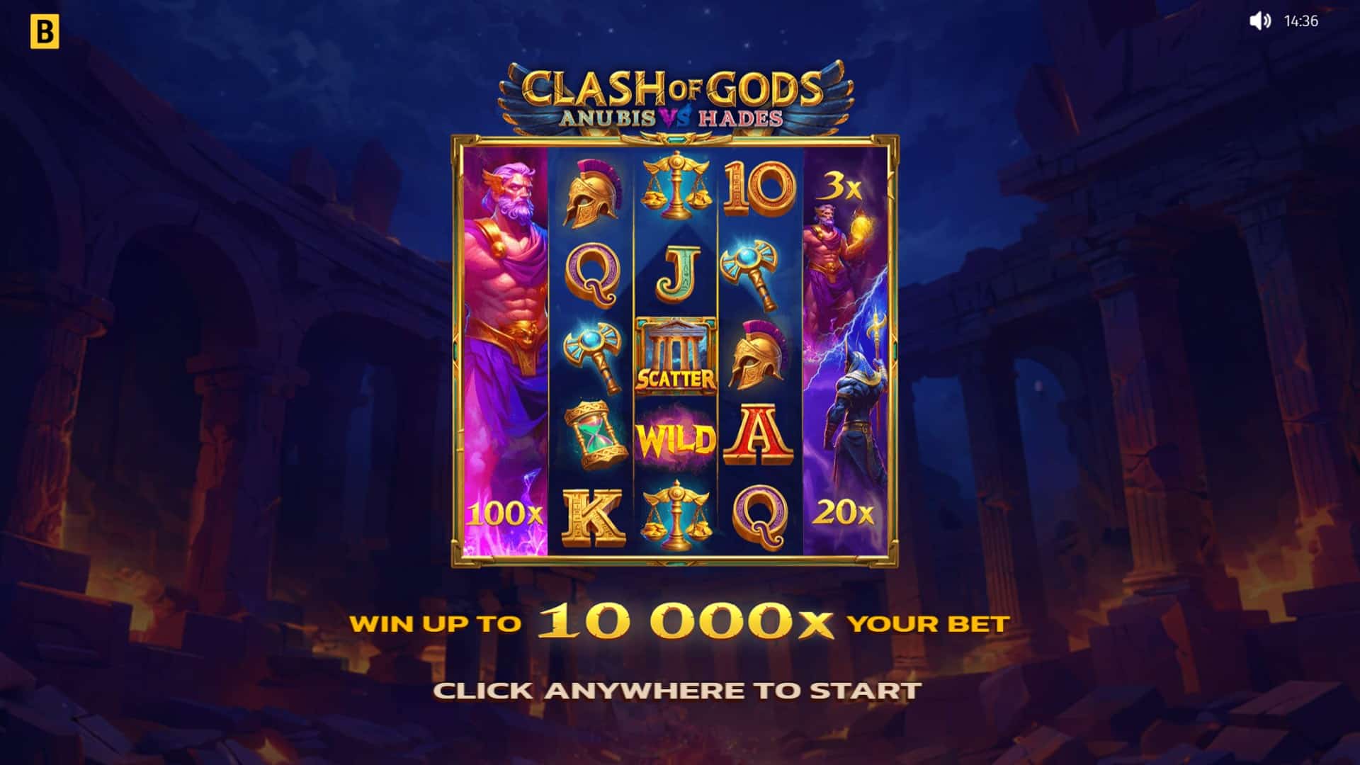 Clash of Gods: Anubis vs Hades slot intro screen