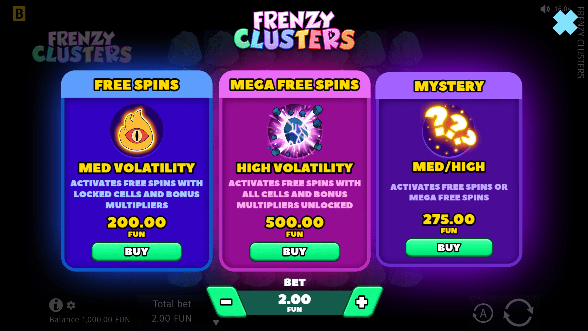 Frenzy Clusters bonus buy menu