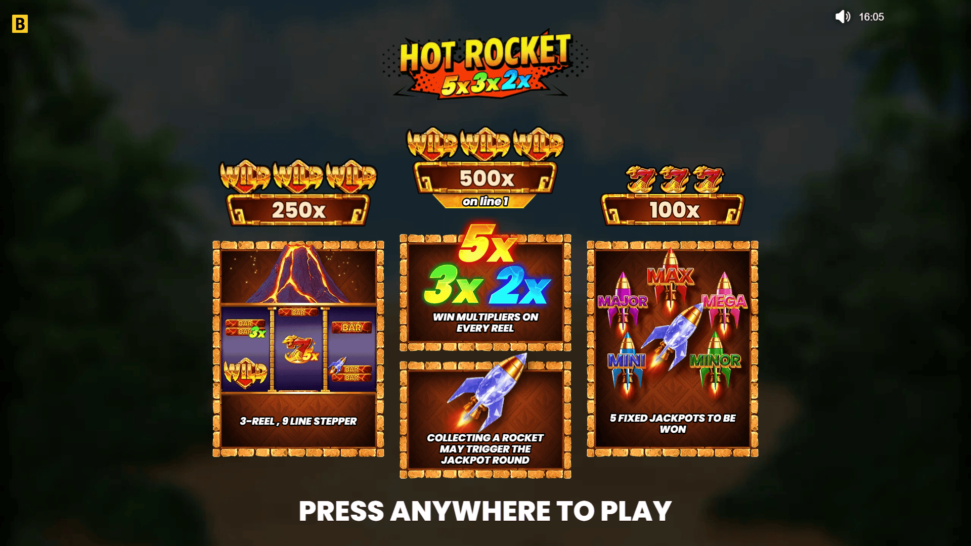 Hot Rocket 5x 3x 2x slot intro screen