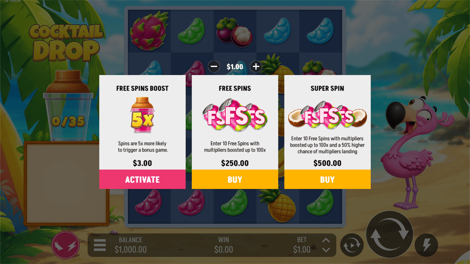 Cocktail Drop bonus buy menu