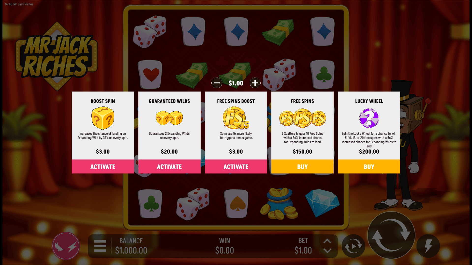 Mr Jack Riches bonus buy menu