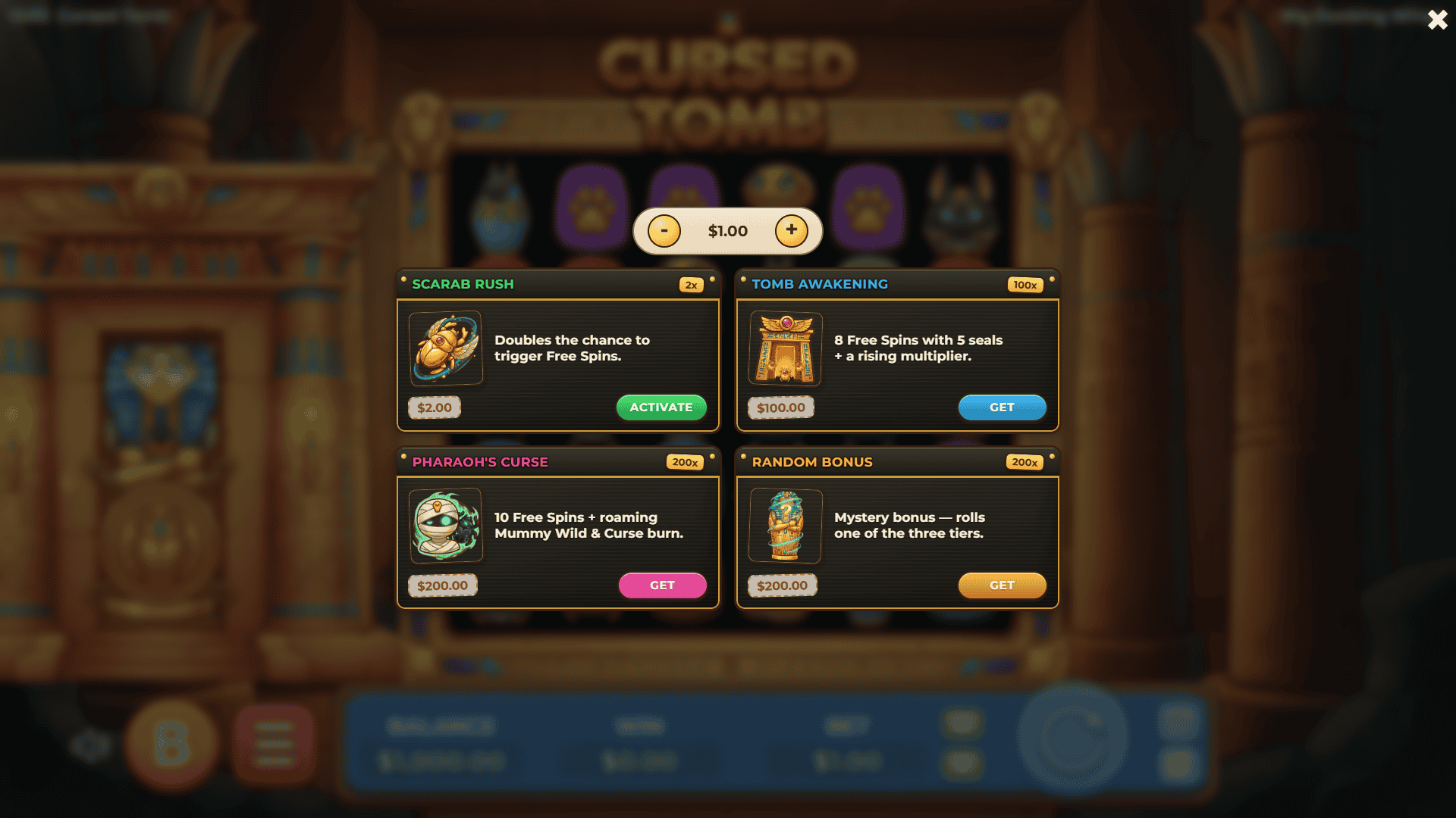 Cursed Tomb bonus buy menu