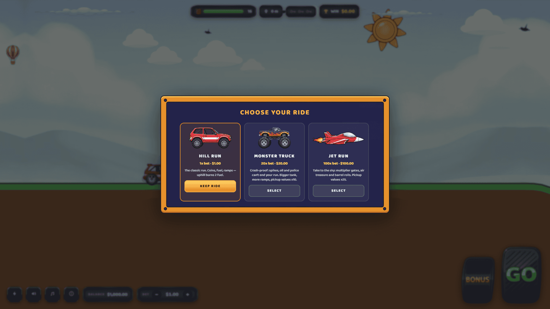 Hill Rush bonus buy menu