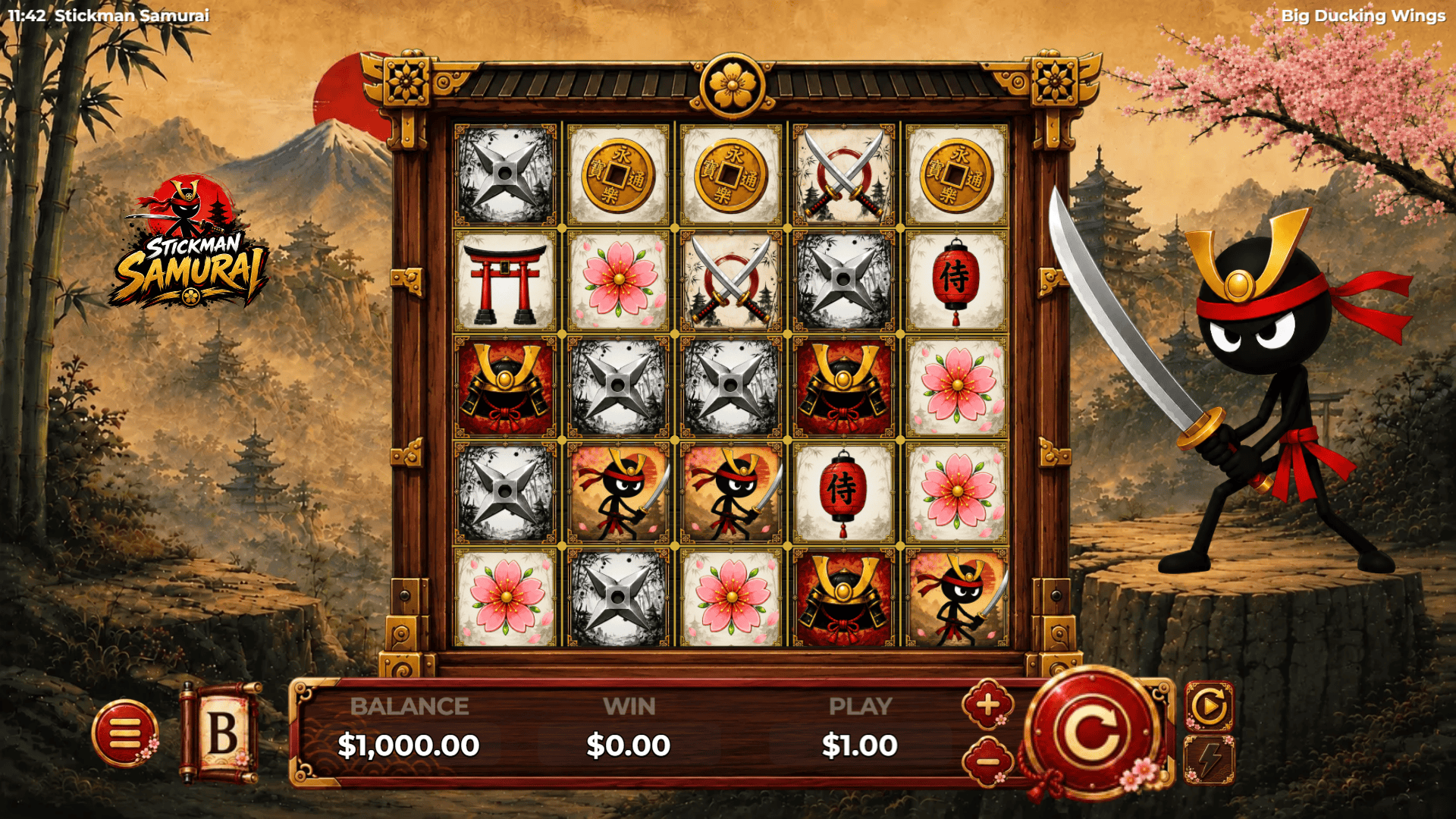 Stickman Samurai slot gameplay reels