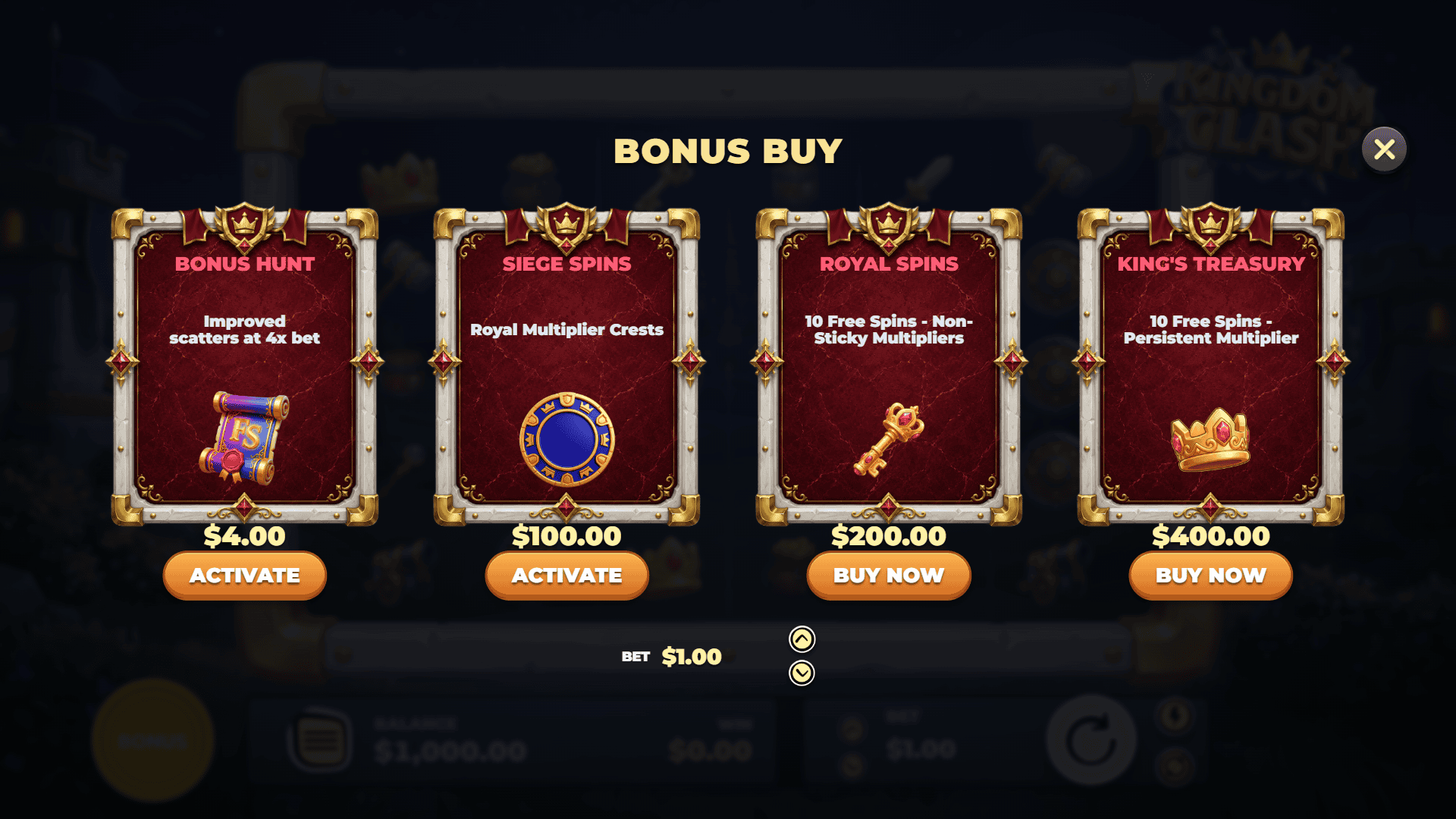 Kingdom Clash bonus buy menu