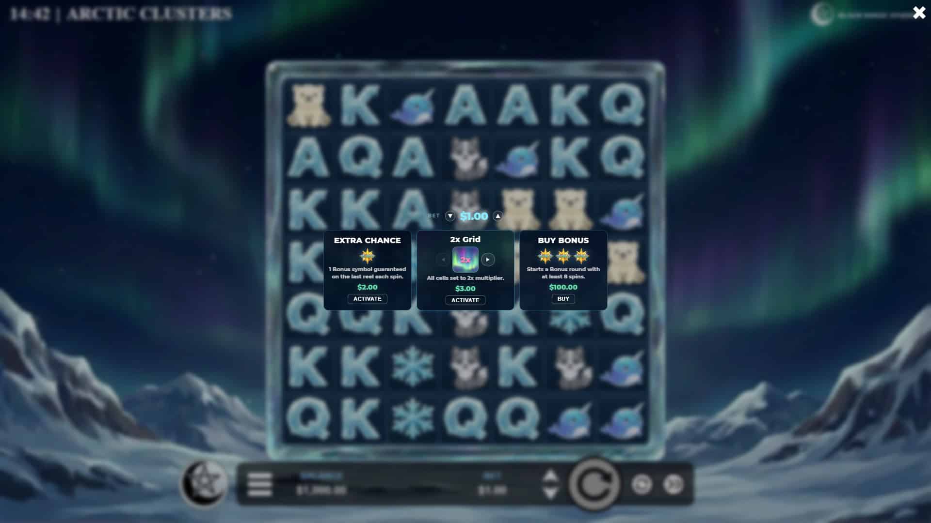 Arctic Clusters Cluster Pays bonus buy menu