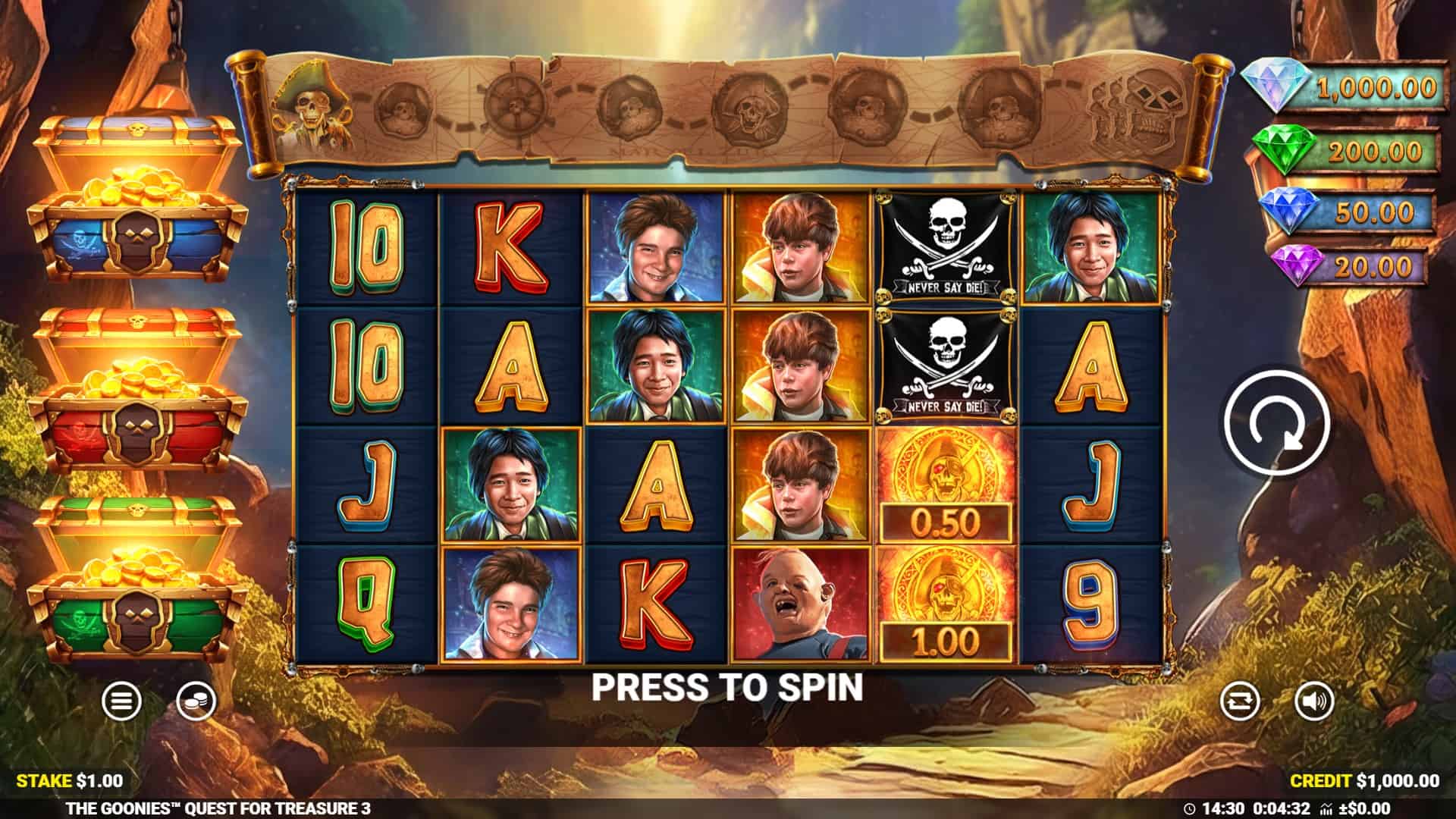 The Goonies Quest for Treasure 3 slot gameplay reels