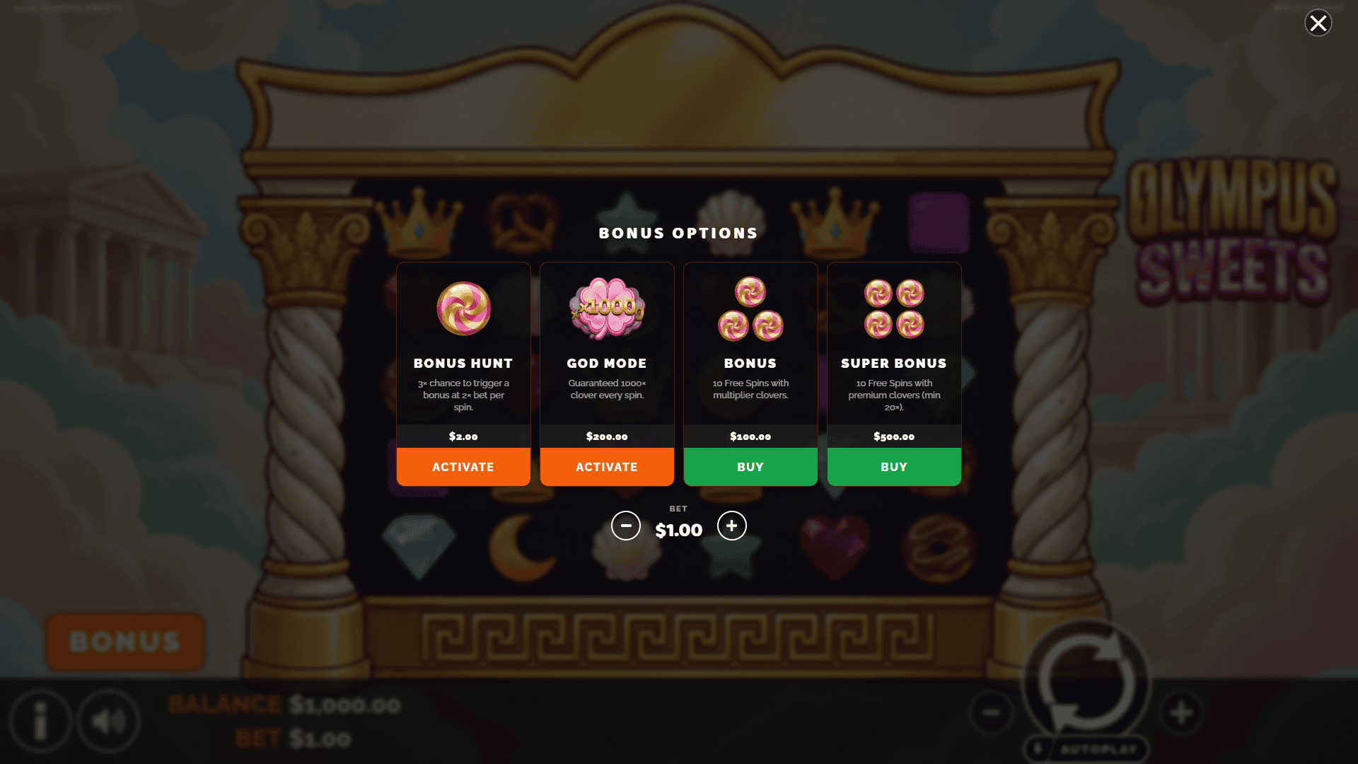 Olympus Sweets bonus buy menu