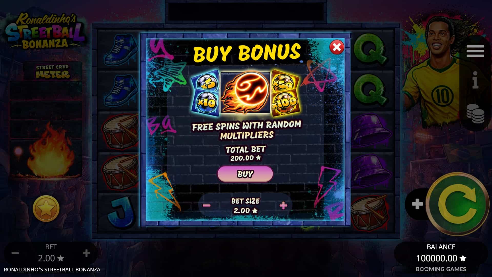 Ronaldinho’s Streetball Bonanza bonus buy menu