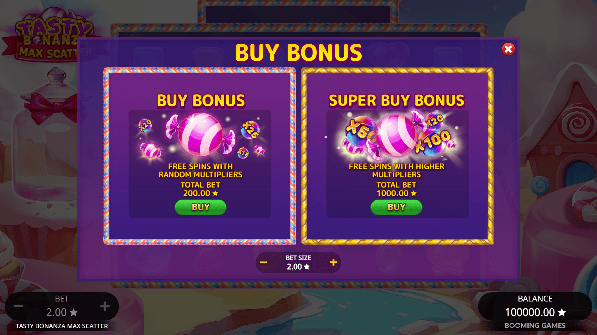 Tasty Bonanza Max Scatter bonus buy menu