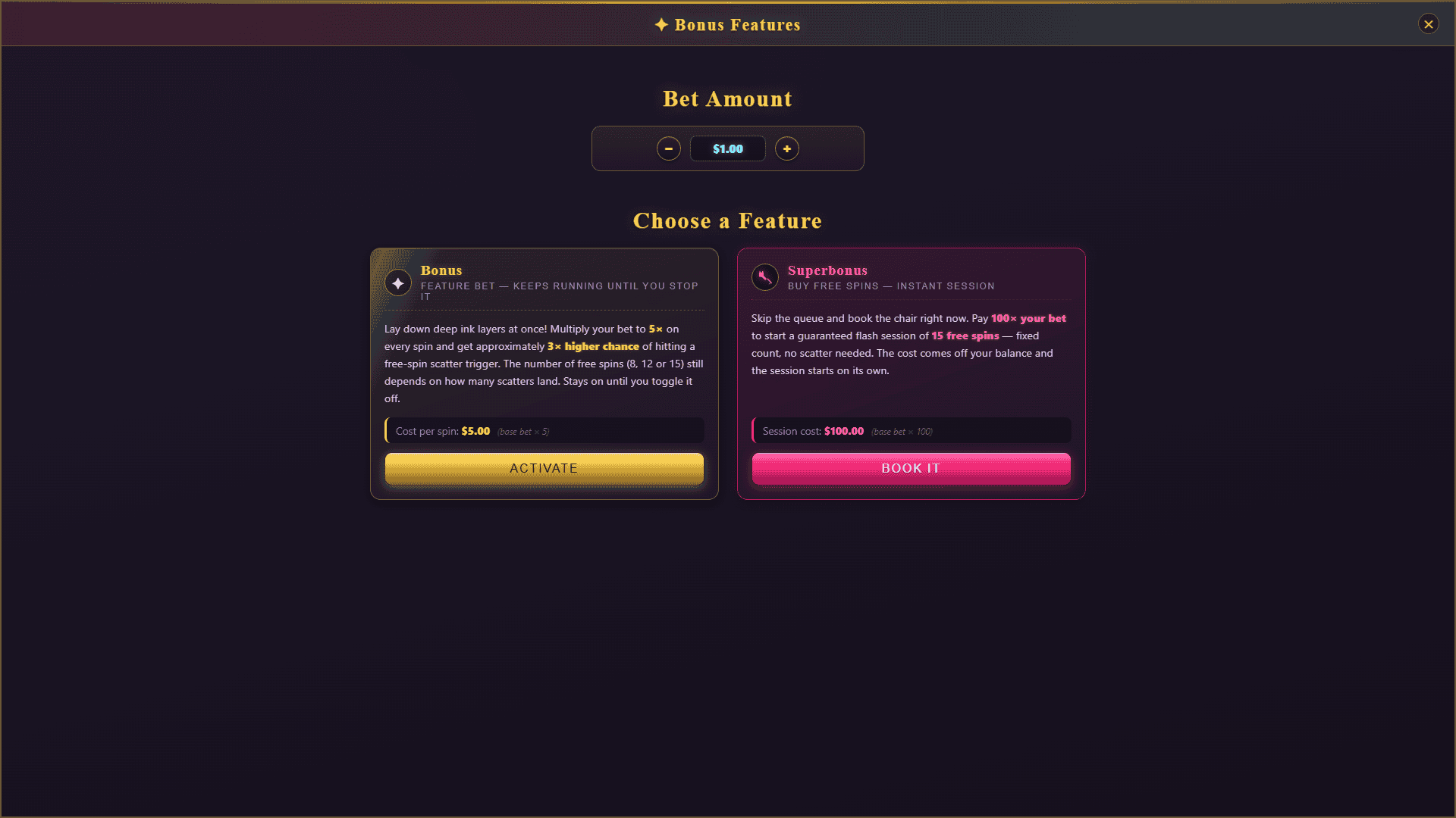 Ink Club bonus buy menu